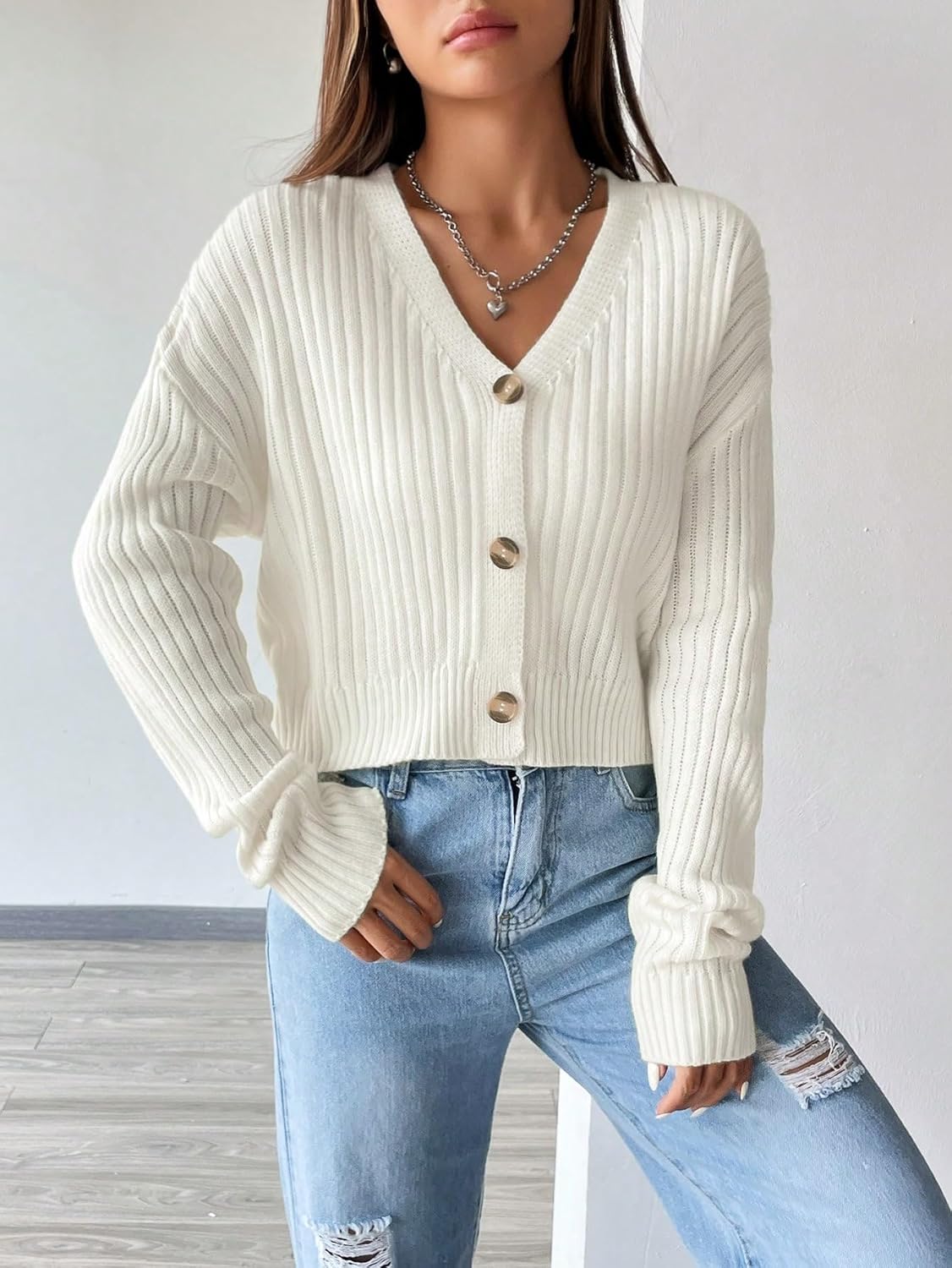 Milumia Women's Button Down Cropped Cardigan Ribbed Long Sleeve Loose Sweater Knitwear - Image 2