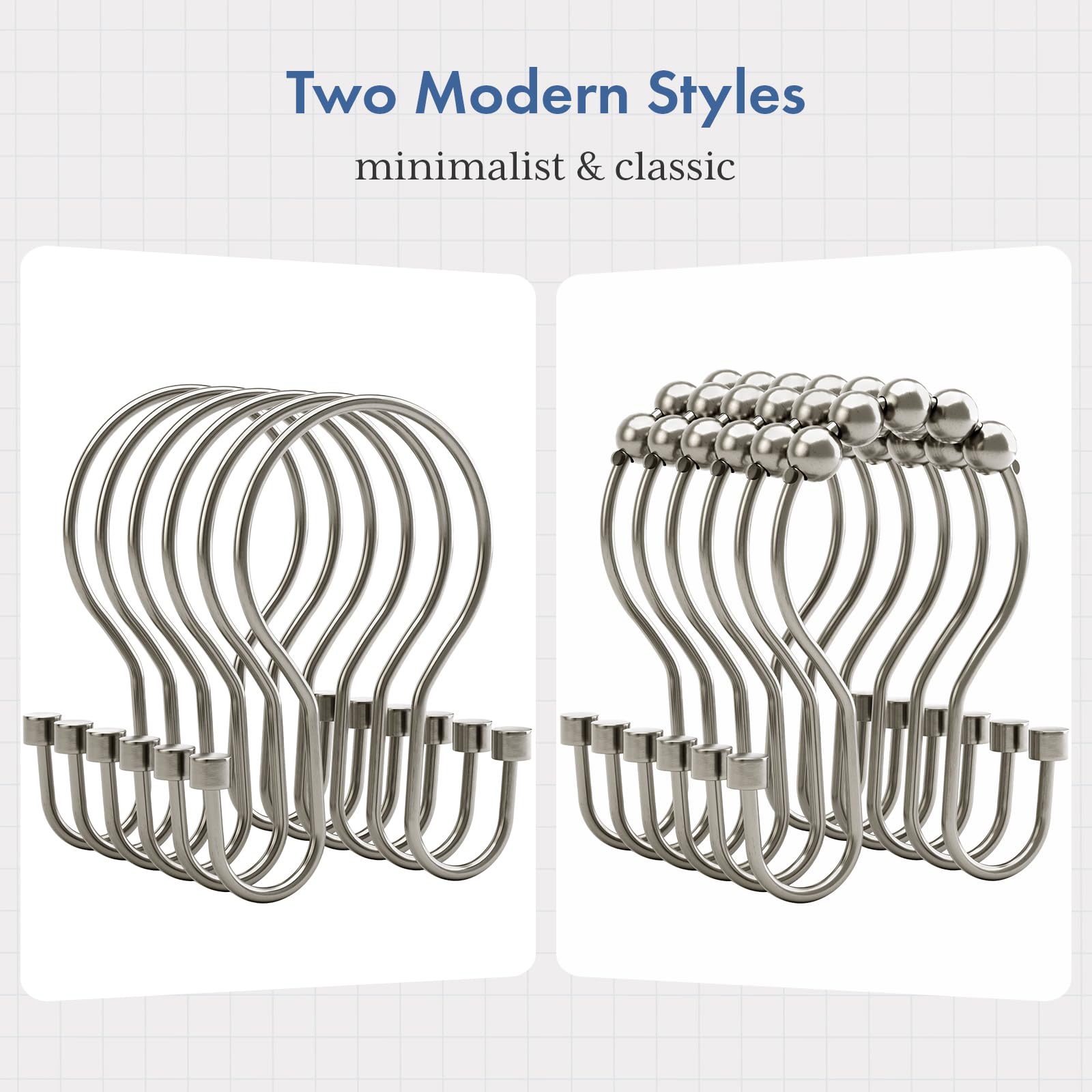 Bathway Lot de 24 crochets de rideau de douche en nickel avec design cylindrique, crochets de rideau de douche en métal antirouille, à glissement lisse, anneaux doubles pour rideau de douche