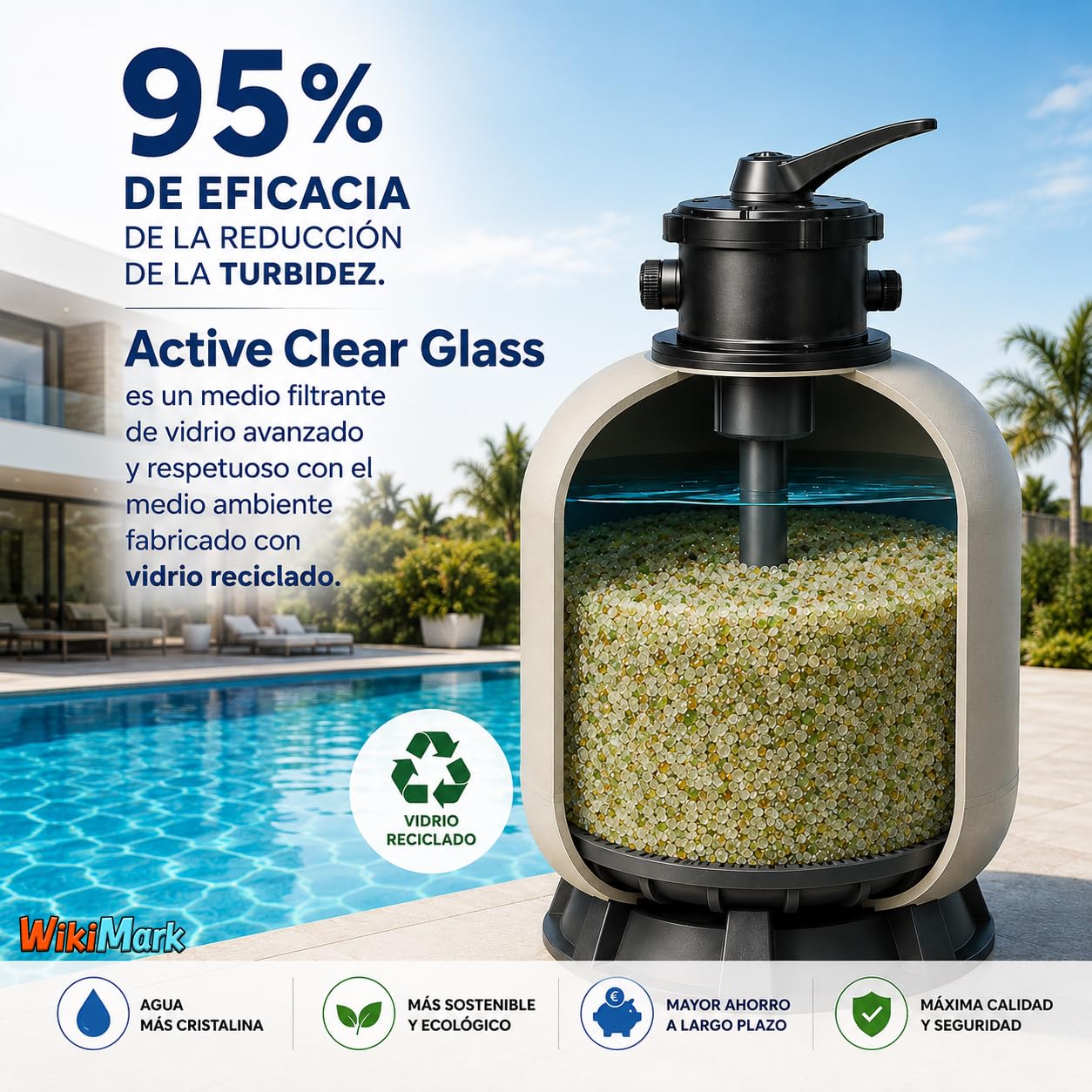 Sable de verre filtrant pour piscines 25 kg moyen filtrant en verre recyclé 100 % | Remplace le sable de silice | Meilleure filtration, économie d'eau et d'énergie | Eau plus cristalline