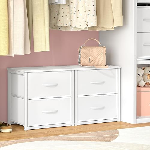 Miniatura 8 de Paquete de 2 cajones de almacenamiento apilables (4 cajones en total), organizador de armario blanco con parte superior de madera y marco de metal,