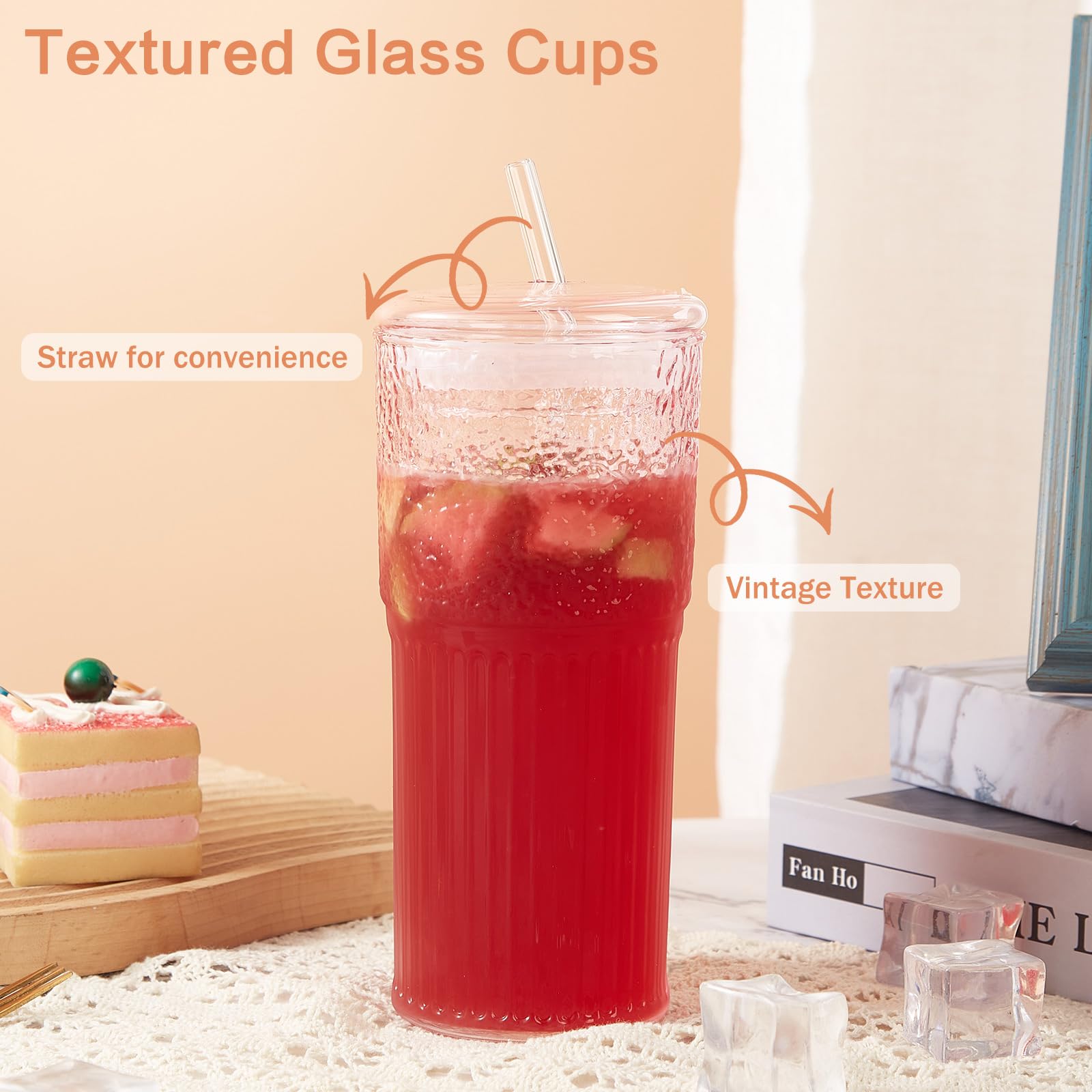 GOSCHE Vasos de vidrio con popotes y tapas, 2 unidades, tarro de vidrio de 20 onzas, tazas de café helado, cristalería ondulada vintage, tazas de batido para agua, café, té, rosa