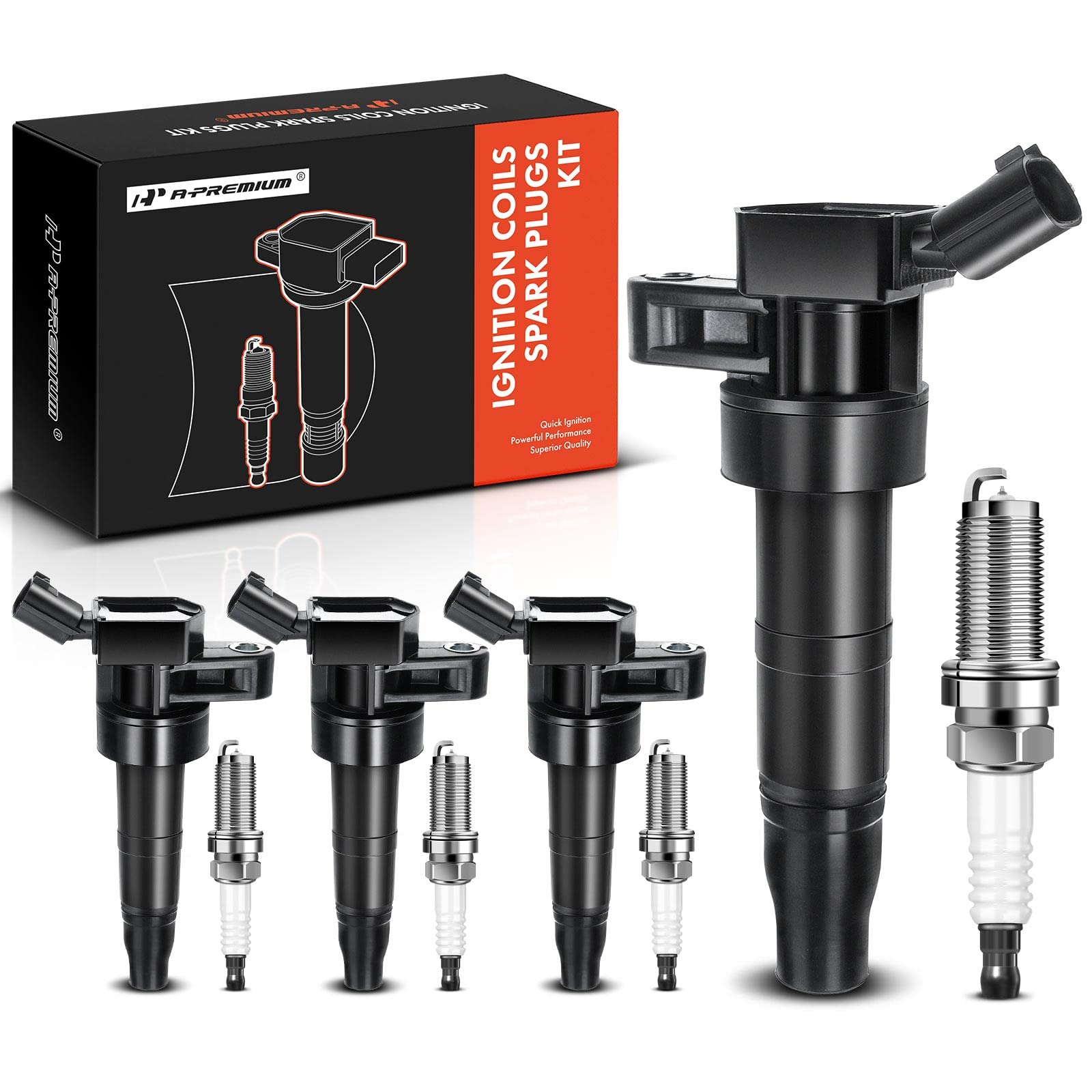 A-Premium Set of 4 Ignition Coil Pack and Iridium Spark Plugs Compatible with Hyundai Sonata (MFI), Tucson, Genesis, Equus & Kia Optima Forte Forte5 Sportage Rondo, 2.0L, 2.4L
