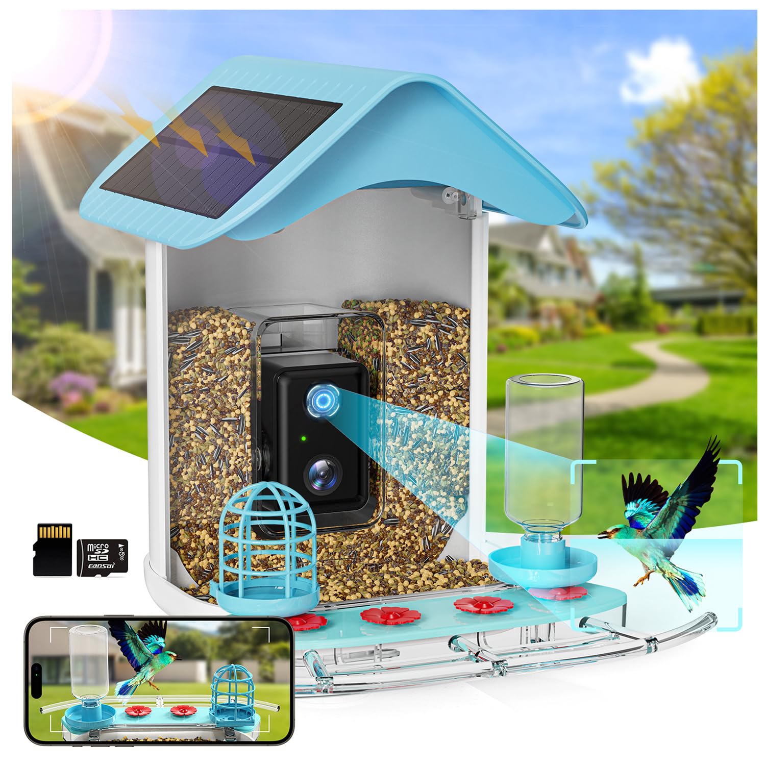 Smart Bird Feeder with Camera Solar Powered, 1080P HD Full Color Camera Auto Capture Bird Video, Squirrel Proof Bird Feeder with Dual Solar Panels