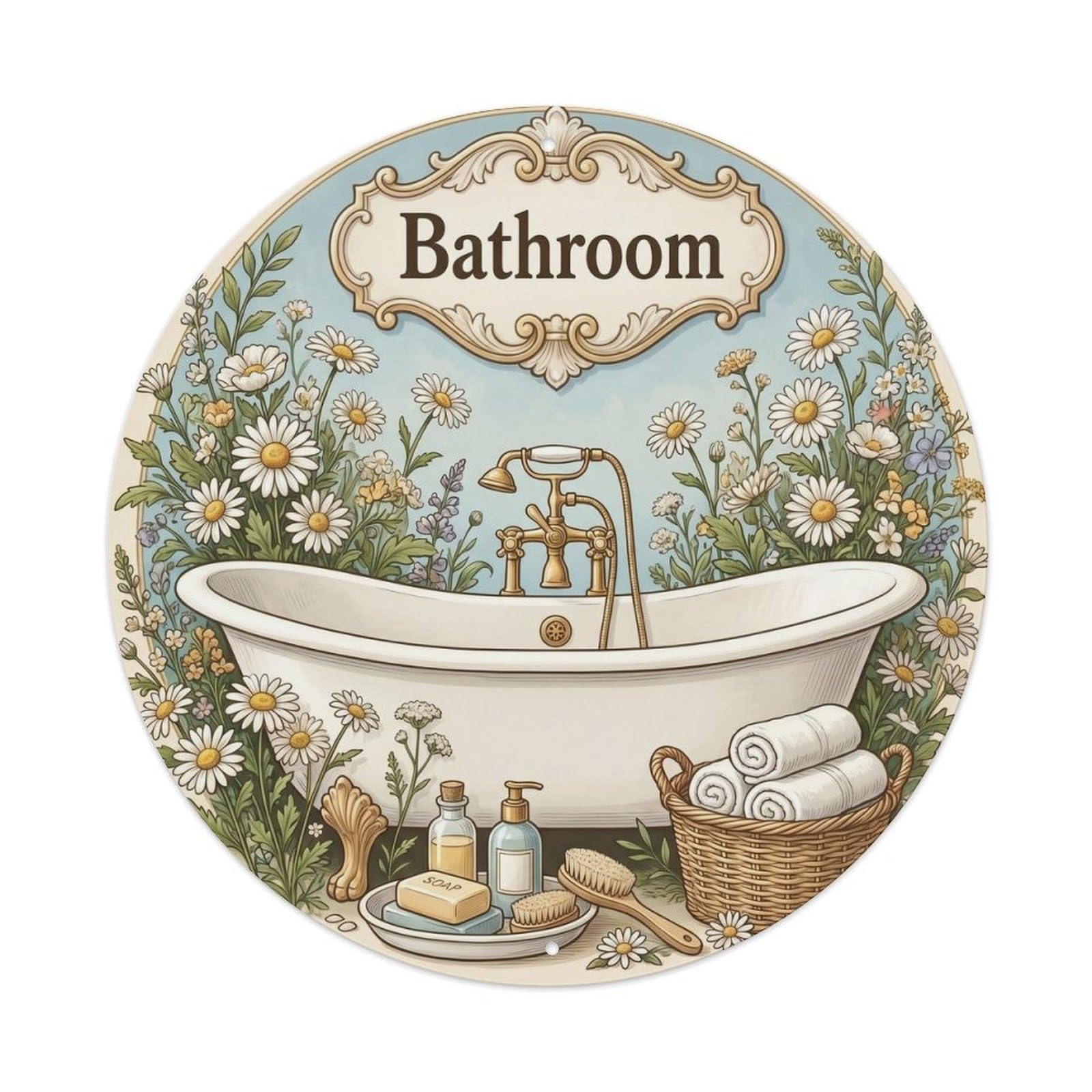 Yrnq Vintage Style Bathroom Daisy Round Wall Decor Vintage Metal Tin Sign Plaque Wall Decor For Cafe, Club, Garden Round Metal Poster 8X8inch