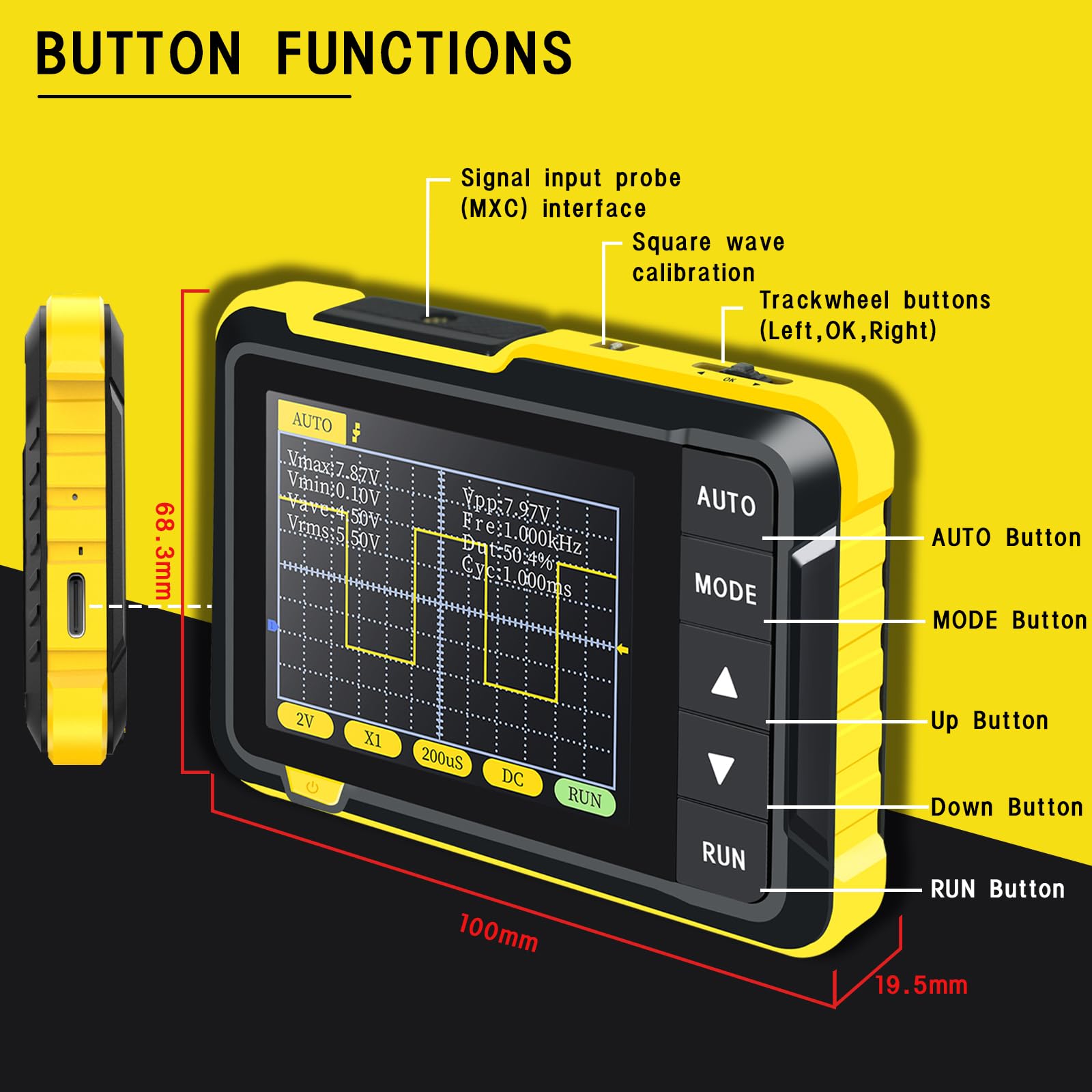Oszilloskop Handheld, 400V 200 kHz 2,5 MS/s Oszilloskop, Echtzeit-Abtastrate Handoszilloskop mit OTA-Upgrade-Funktion, Tasche Oszilloskop für Einsteiger, Tragen Oszilloskop-Instrument