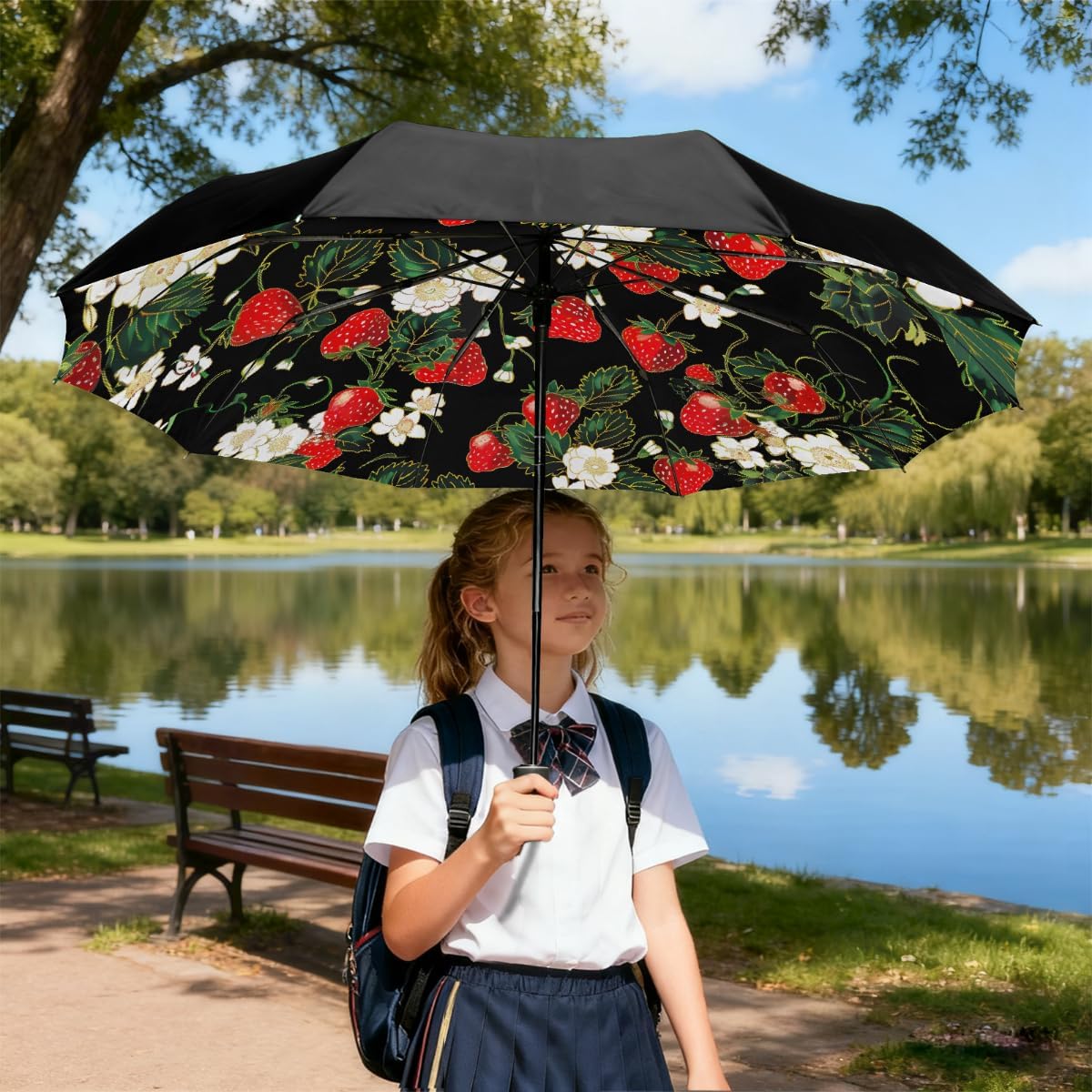 Red Strawberries White Flowers Folding Umbrella Windproof Compact Lightweight Travel Umbrella with 8 Reinforced Ribs, Portable UV Sun & Rain Protection for Men & Women