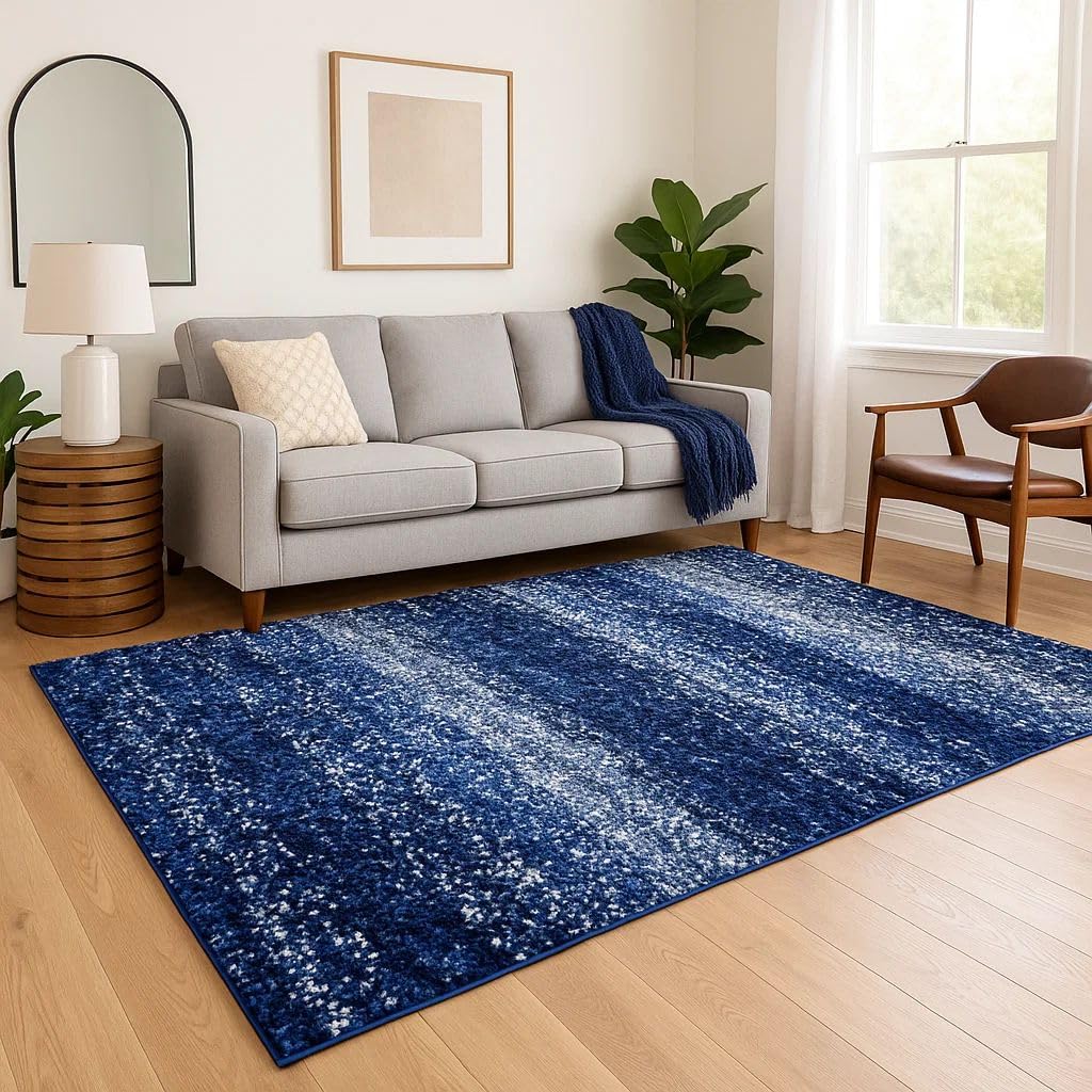 Dark Blue Navy Stripe Pattern Shaggy Rug Soft Cushioned Fibres for Living Room Bedroom 200cm x 290cm (6ft 7" x 9ft 6")