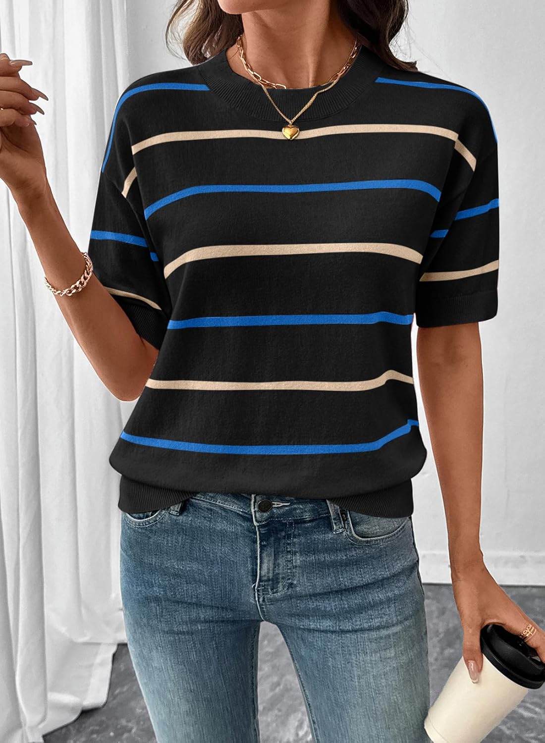 SHEWIN Womens Tops Crewneck Short Sleeve Sweater Pullover Knit Striped Shirt Spring Outfits for Women 2026 - Image 3