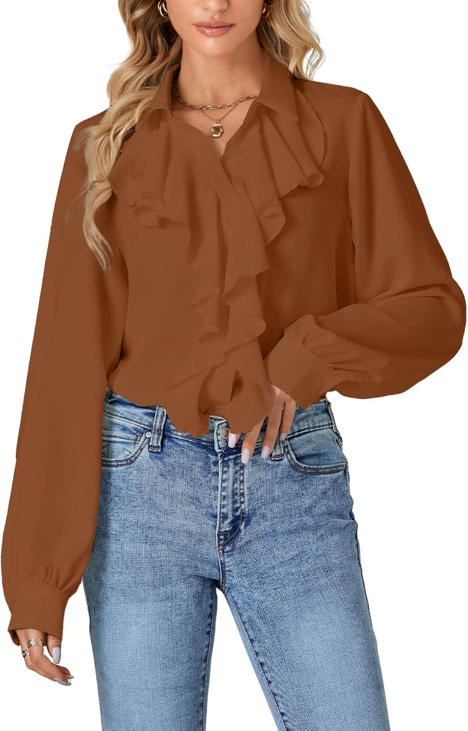 LYANER Women's Dressy Ruffle Blouse Long Sleeve Collar Neck Button Down Victorian Shirt Tops - Image 4