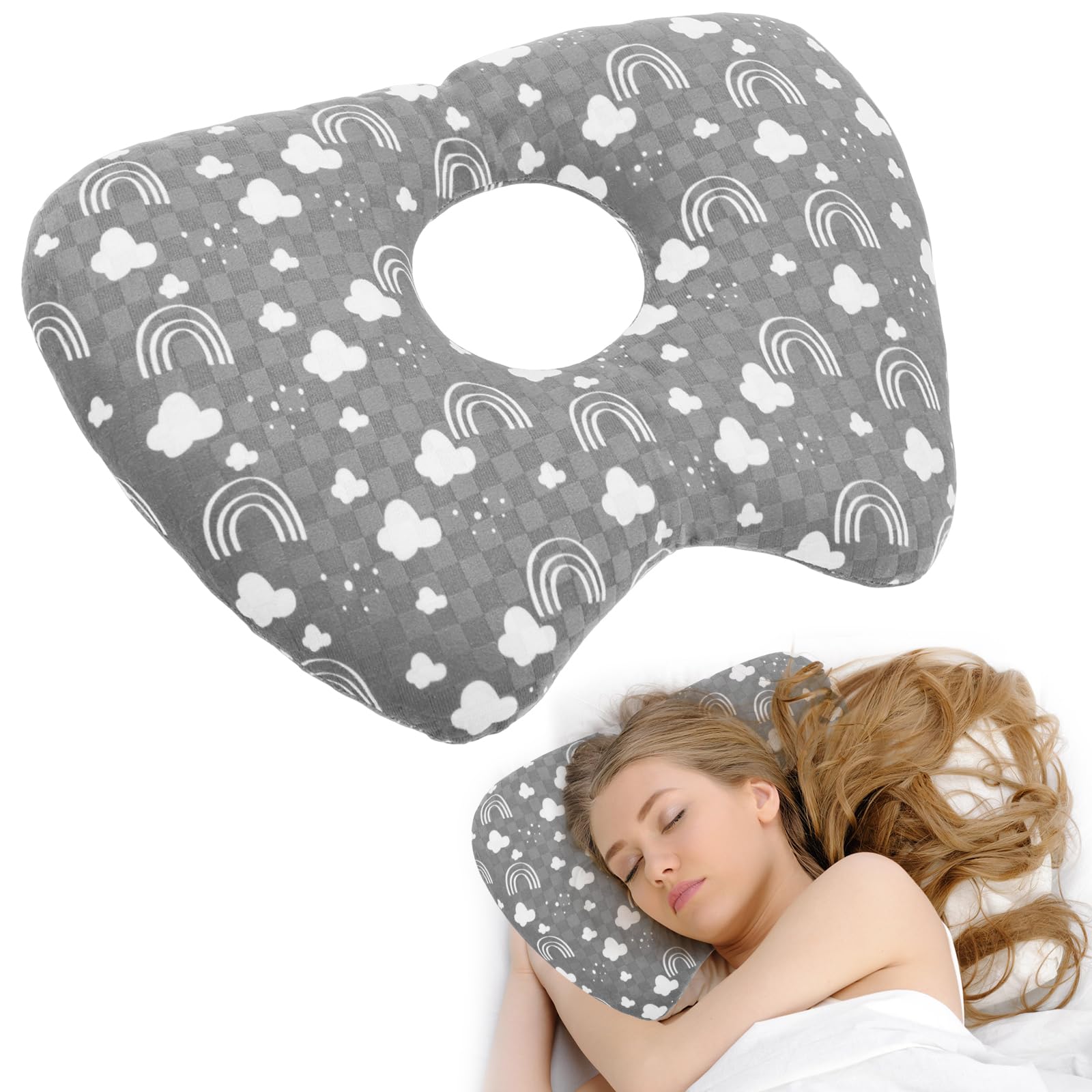 Ghshanog Ear Piercing Pillow for Side Sleepers,40x30cm Ear Pillow with Hole,Polyester & Cotton Orthopedic Support Soft Donut Pillows for Cnh and Ears Pain Inflammation Pressure Sores(Grey)