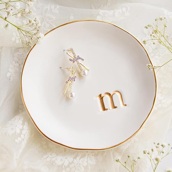 COLLECTIVE HOME - Ceramic Jewelry Tray, Decorative Trinket Dish for Rings Earrings Necklaces Bracelet Watch Keys, Birthday Mother's Day Christmas Gift for Women, 4.75, White Surface (M)