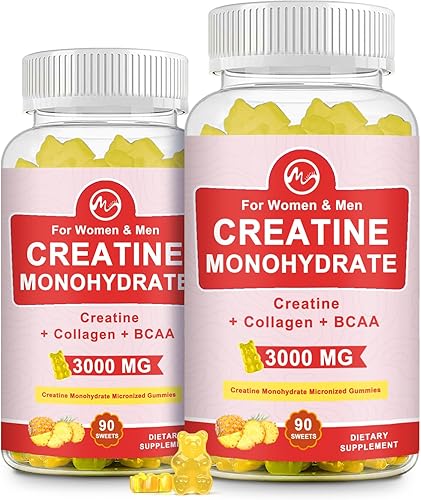 Paquete de 2 gomitas de creatina monohidrato, suplementos de creatina masticables sin azúcar para hombres y mujeres, ganancias de gomita de creatina