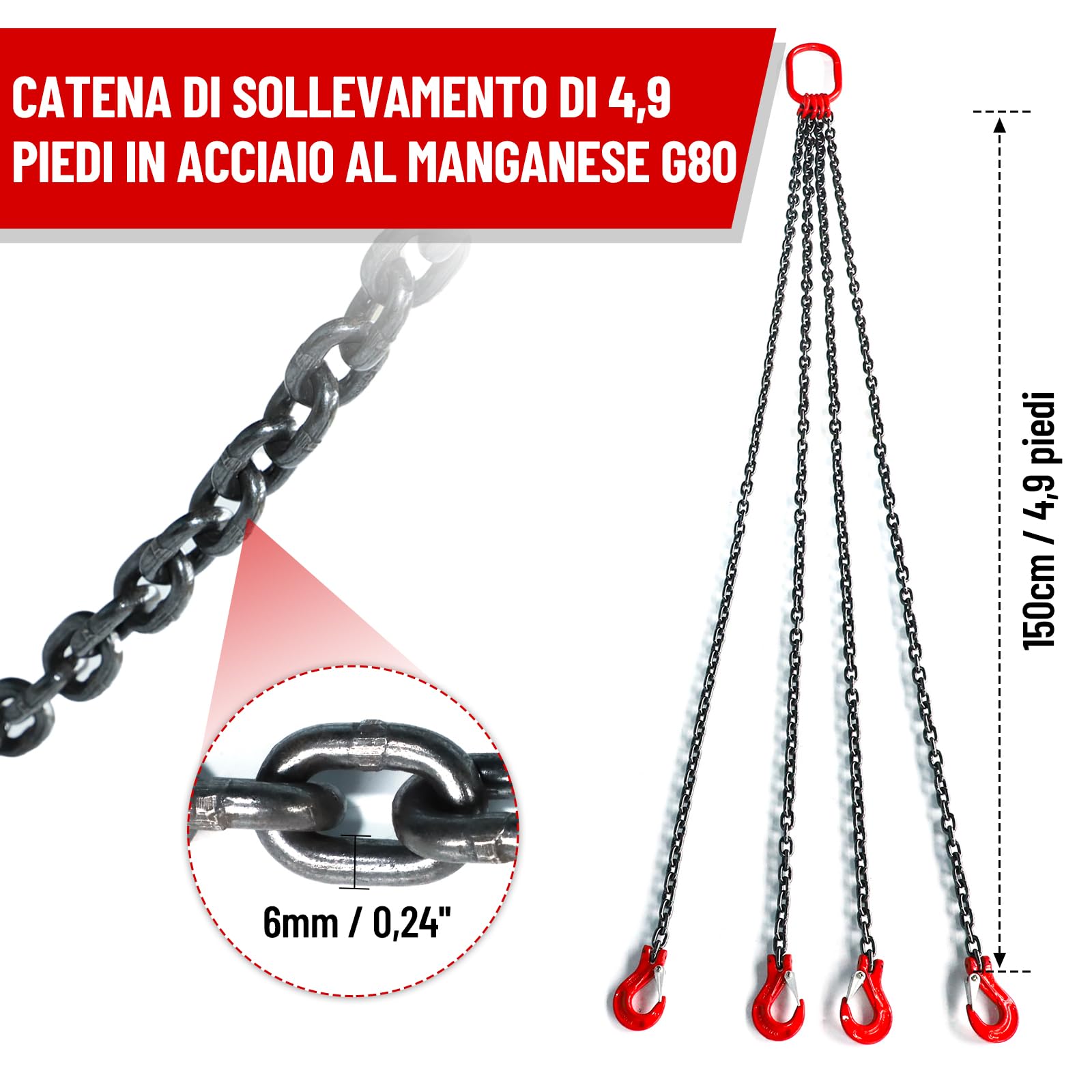 G80 Catene di Sollevamento, Capacità di Sollevamento di 3000 kg, 4 Catene con Ganci di Sollevamento, per il Sollevamento di Carichi Pesanti