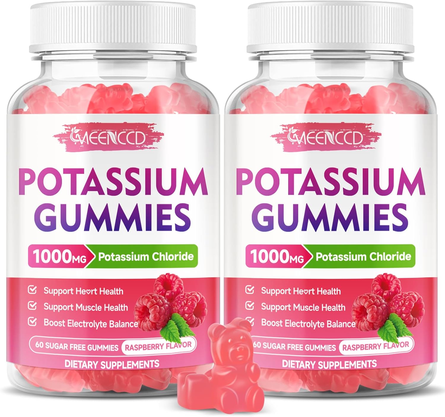2 Pack Potassium Gummies, Potassium Chloride for Adults, Sugar-Free Potassium Supplement Gummies Support Electrolyte Balance for Women & Men, Raspberry Flavor, 120 Count
