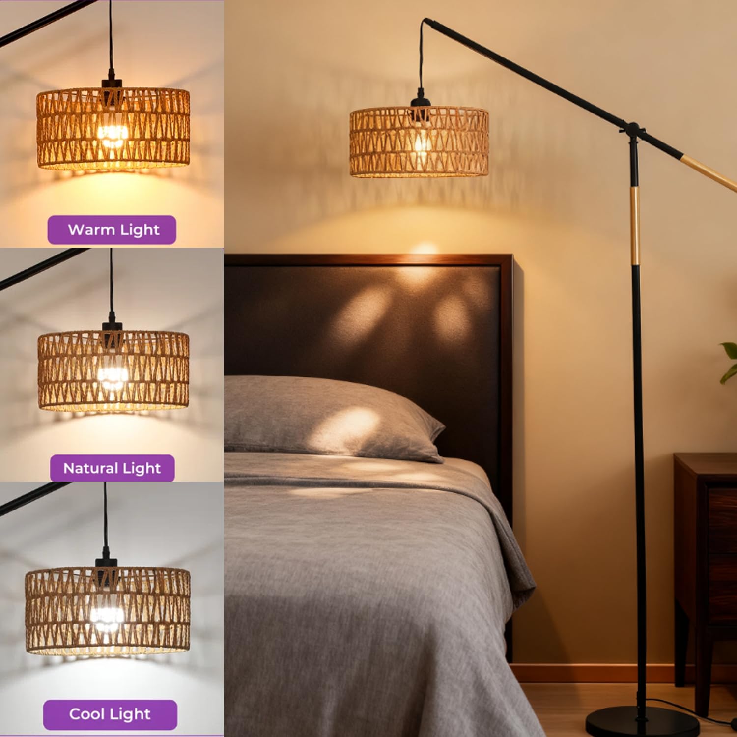 CCXXYGWJ Lampada da ad Arco - Paralume Intrecciato a Mano con Piede - Illuminazione Elegante per l'angolo della Camera da Letto e l'angolo Lettura