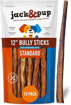 Jack&Pup 12 Inch Bully Sticks for Medium and Large Dogs 10 Pack Standard Thickness, Dog Chew, Single Ingredient Bully Stick