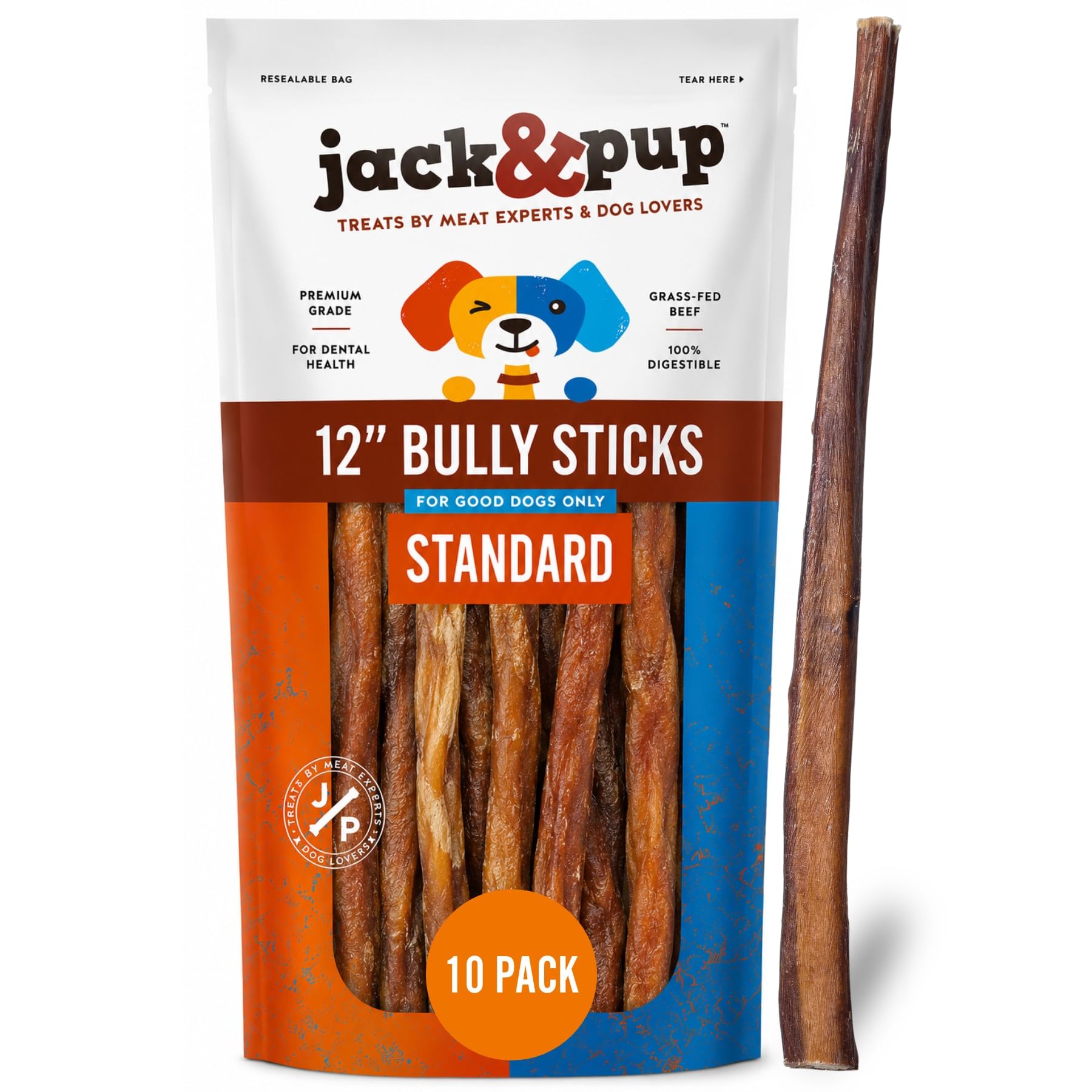 Jack&Pup 12 Inch Bully Sticks for Medium and Large Dogs (10 Pack) Standard Thickness, Dog Chew, Single Ingredient Bully Stick