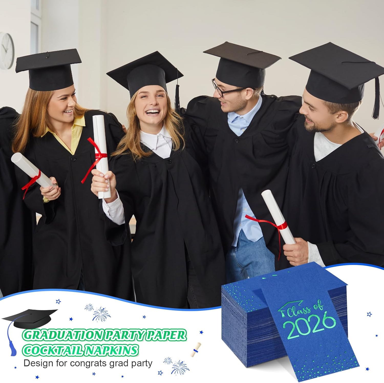 100pcs Class of 2026 Graduation Napkins Disposable Congrats Grad Napkins Foil Dot Paper Hand Towels for 2026 High School University College Graduation Party Decorations and Supplies(Blue Green)