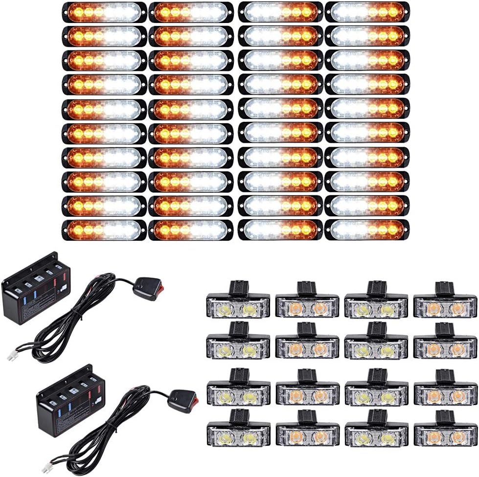 40PCS Ultra Slim 6-LED 18W Emergency Warning Construction Surface Mount Truck Trailer Strobe Light & 16pcs Car Truck Grille Deck Dash Flashing Light - Amber White