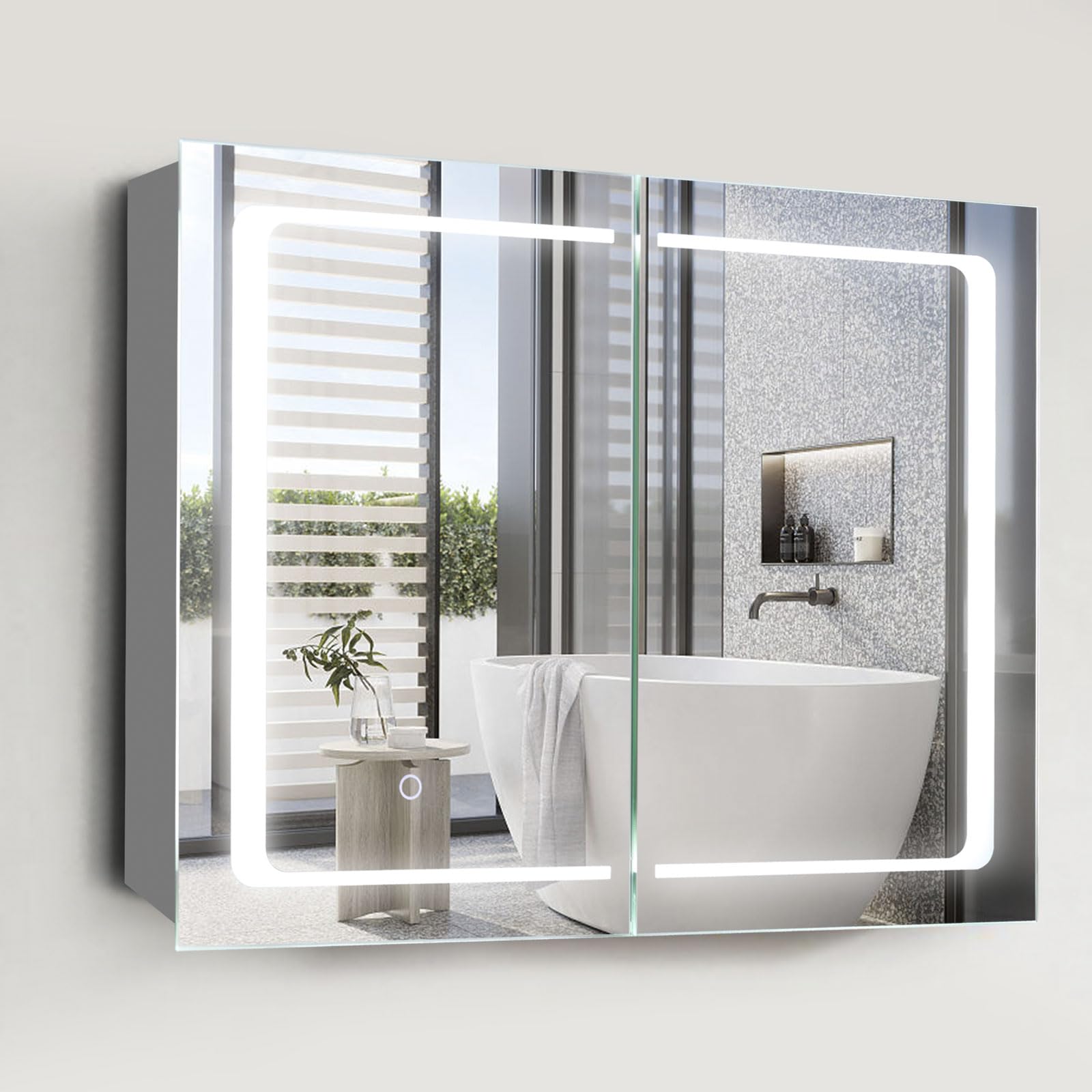 Movo Lighted Bathroom Mirrored Medicine Cabinet,24 x 32 Inch Surface Mount Medicine Cabinet with Mirror and LED Light,Double Doors Bathroom Cabinet with Storage Shelves,3-Color Temper Lights