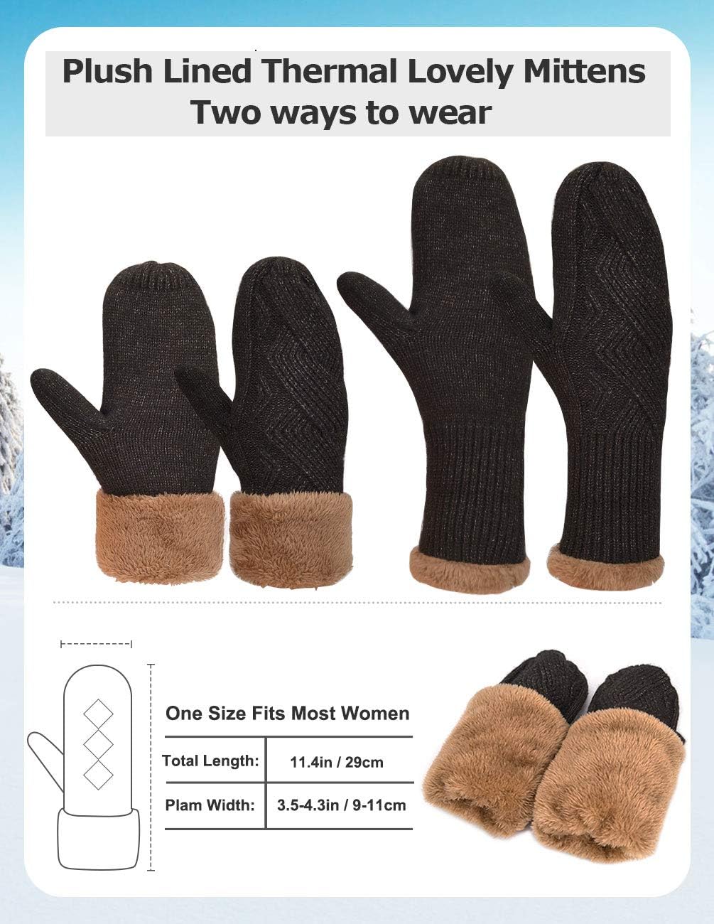MAYLISACC Hat and Gloves for Women, Thermal Winter Knit Beanie Hats-and-Mittens 2 Pcs Set Ladies Thick Fleece Lined
