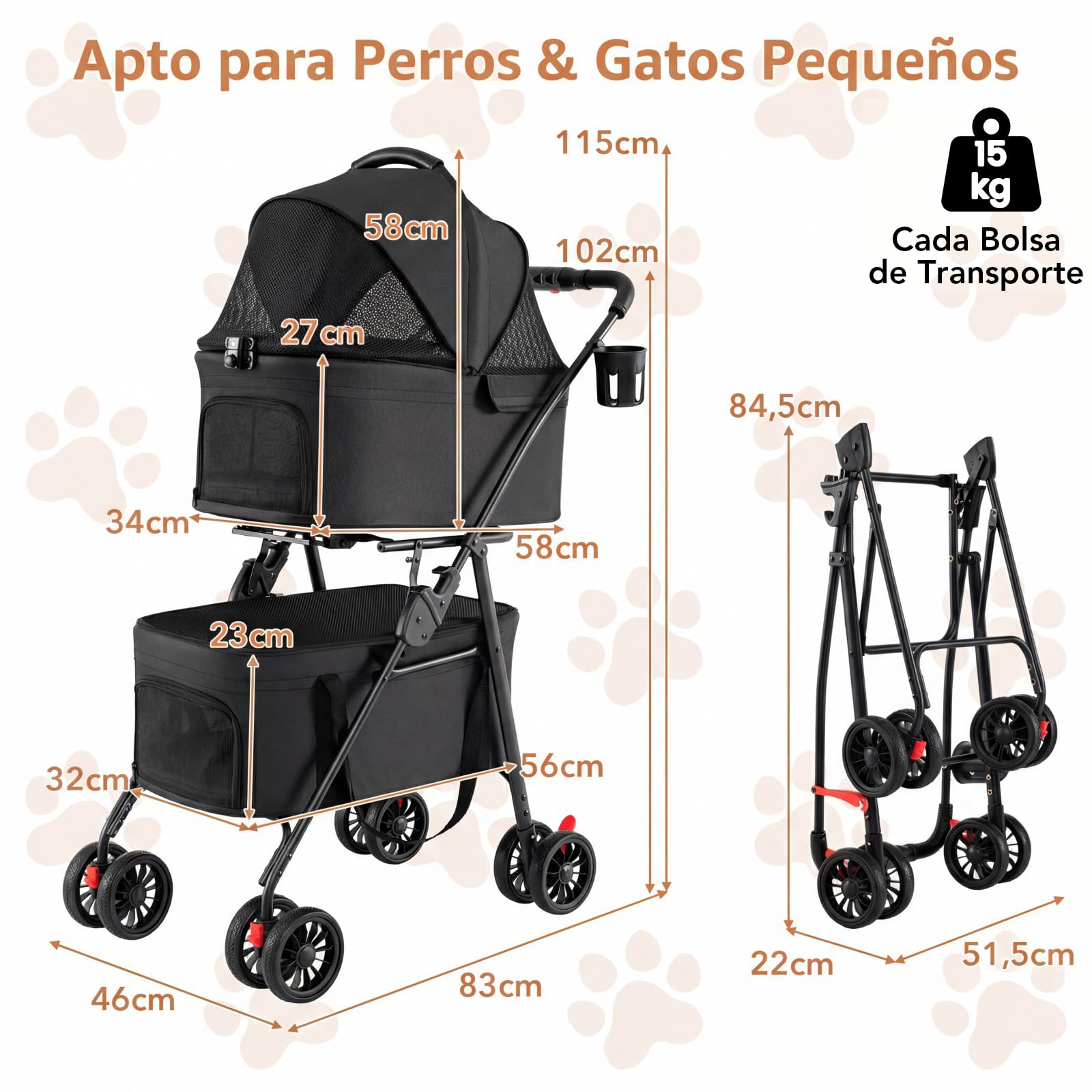 COSTWAY Carrito para Perros Plegable Doble 3 en 1, Cochecito para Perros con 2 Portadores Desmontables, Ruedas con Freno, Malla Transpirable, Portavasos, Carro para Mascotas hasta 15 kg (Negro)