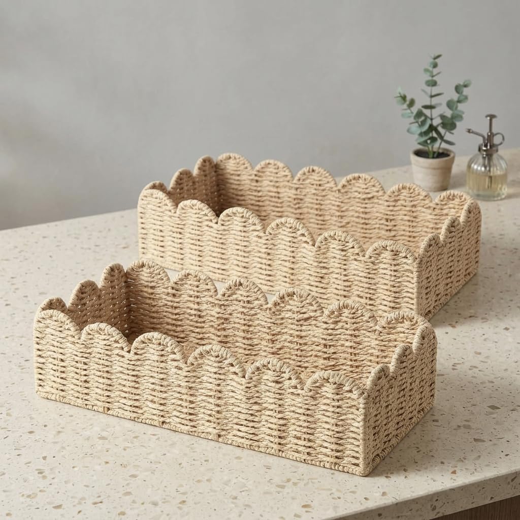 Scalloped Paper Rope Basket 2 Pack with Metal Frame for Toilet