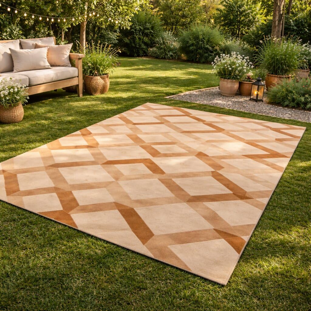 6'x10' Modern Hand Tufted Wool Area Rug Orange & Beige Geometric Pattern Carpet, Contemporary Rectangular Floor Rug for Living, Bedroom