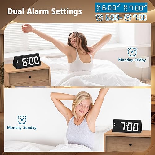 Miniatura 7 de fomobest Reloj despertador digital de madera, 0-100% atenuador, doble configuración de alarma, modo día laboraldiario, repetición de 9 minutos, 1224