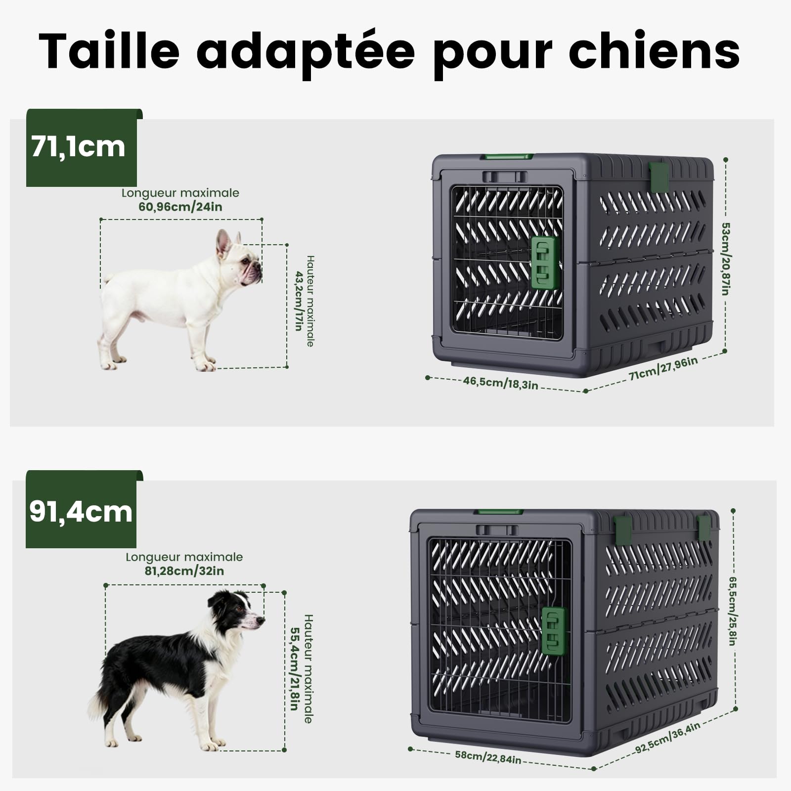 Gardner Pet Cage Portable pour Chiens Moyens Petits Chat 71x46.5x53cm, Cassie Transport pour Chien Pliable sans Outils avec 2 Roues-28 L-Vert