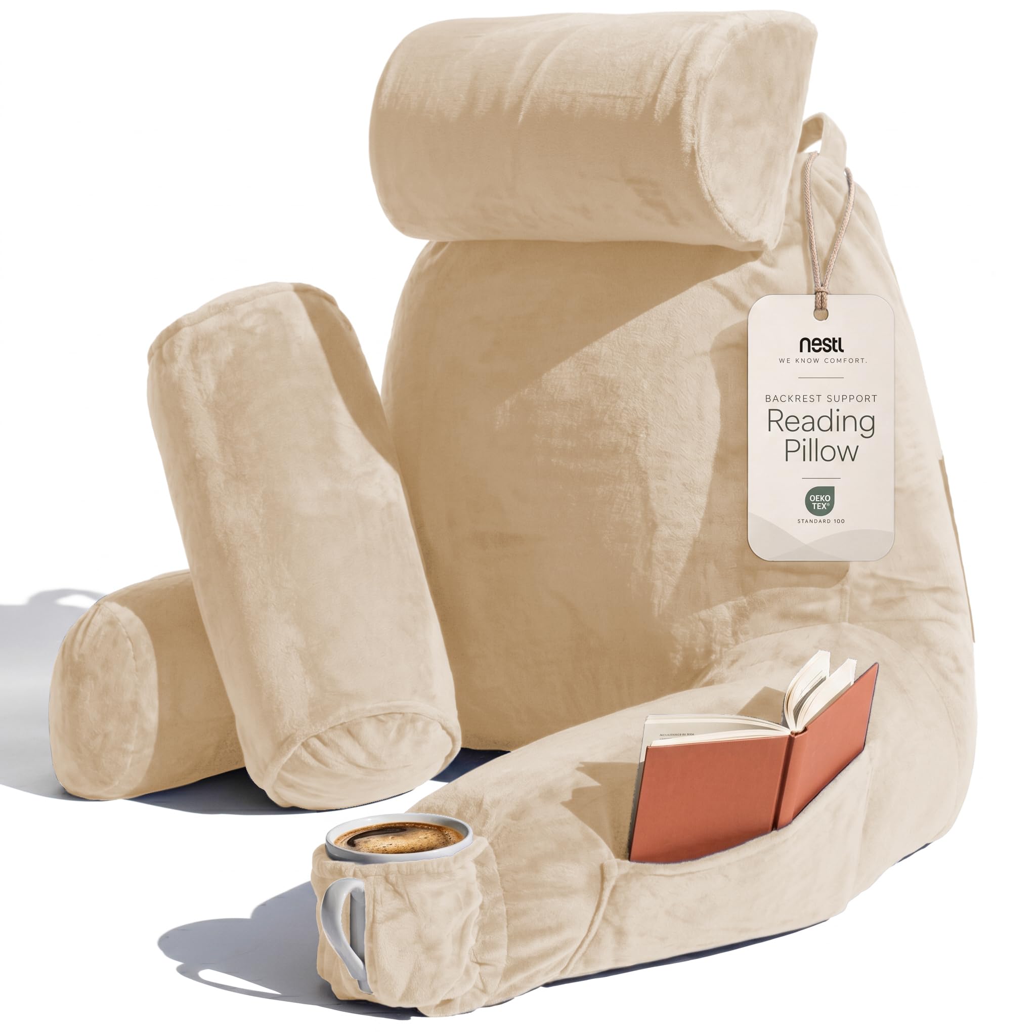 Nestl Reading Pillow with Shredded Memory Foam Includes 2 Neck and Lumber Support Pillows, Designed for Sitting Up in Bed and Couch, Back and Arms Adjustable Support for Adult &amp; Teens, Beige Cream