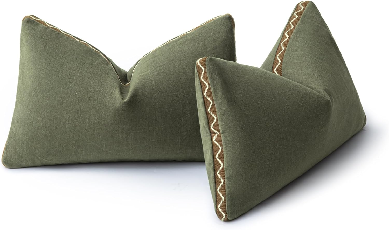 Olive Green Linen Cotton Throw Pillow Covers 12x20 Inch Set of 2, Modern Boho Aesthetic Accent Pillow Cases with Woven Flange for Couch Sofa Bed Room Earthy Tone Home Decor