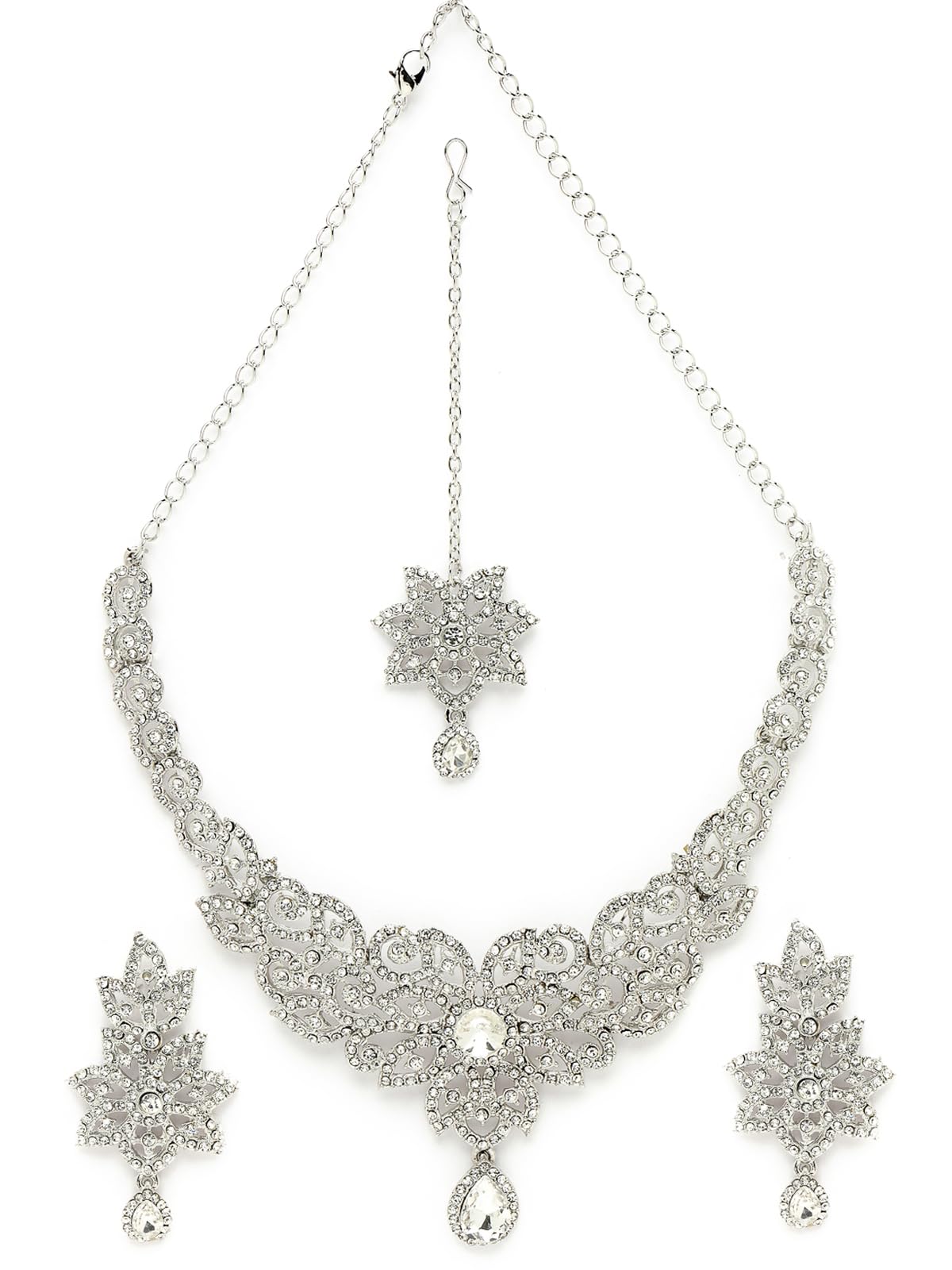 Sukkhi Gracious Rhodium Plated Silver AD White Stones Collar Bone Necklace Set With Earring And Maangtika | Jewellery Set For Women (NS105573) (B0CBB9DGG5) Amazon Price History, Amazon Price Tracker