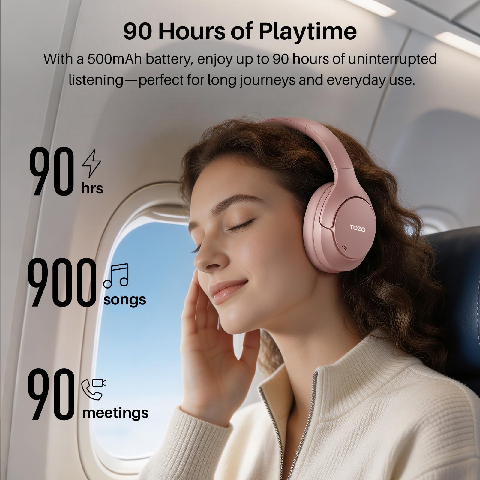 TOZO HT3 Hybrid Noise Cancelling Wireless Headphones, 90H Over Ear Headset view 4