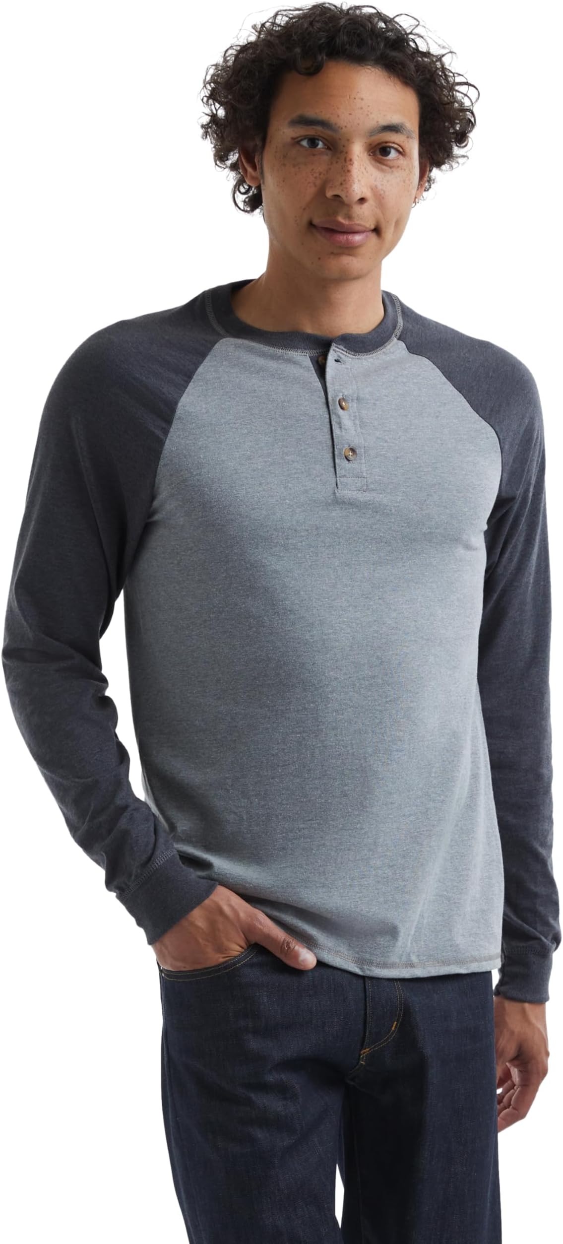 Hanesmens Long Sleeve Beefy Henley Shirt Oxford Gray/Navy Heather Small