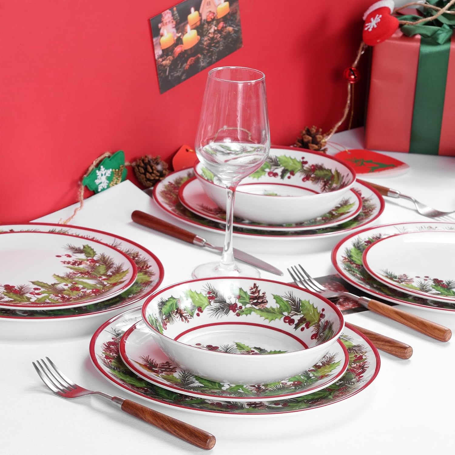 12-Piece Christmas Melamine Dinnerware Sets,Holiday Dishes Set For 4, Lightweight & Stackable for Home&Party plates,Plate and Bowl Sets Ideal for for Indoor Outdoor Use -Christmas Garland