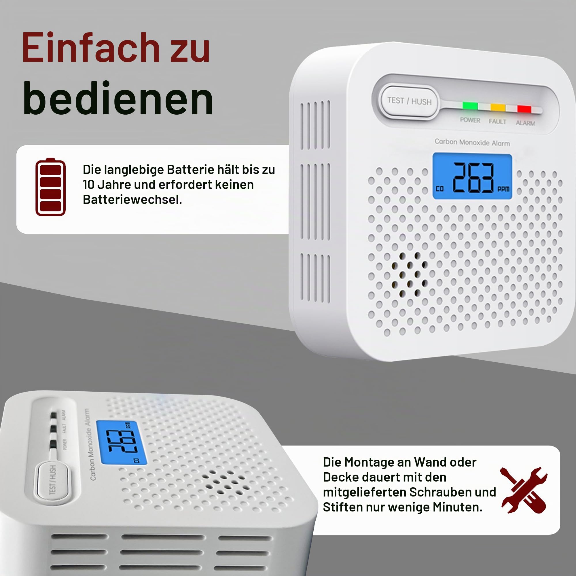 Smart-Kohlenmonoxid-Detektor, WiFi LED Digitalanzeige Kohlenmonoxid-Alarm für zu Hause, APP-Fernüberwachung CO-Alarm-Detektor mit 10 Jahren Batterie, 85 dB Alarm, kompatibel mit Alexa. 2PCS