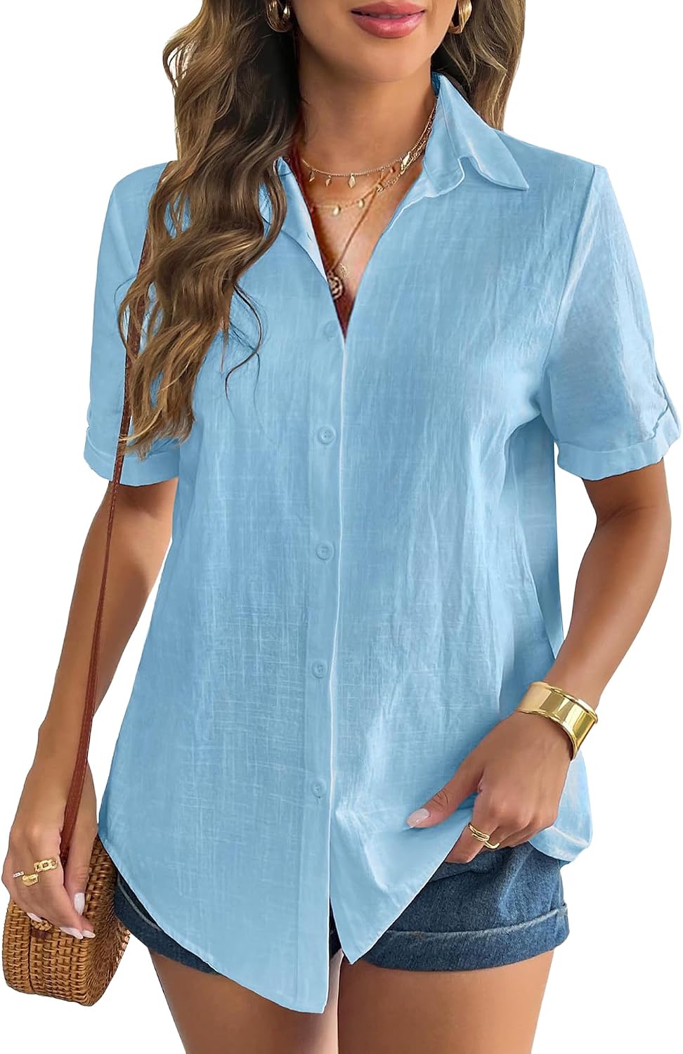 Womens Linen Button Down Shirts Short Sleeve Collared Cotton Blouse Summer Casual V Neck Beach Plus Size Tops