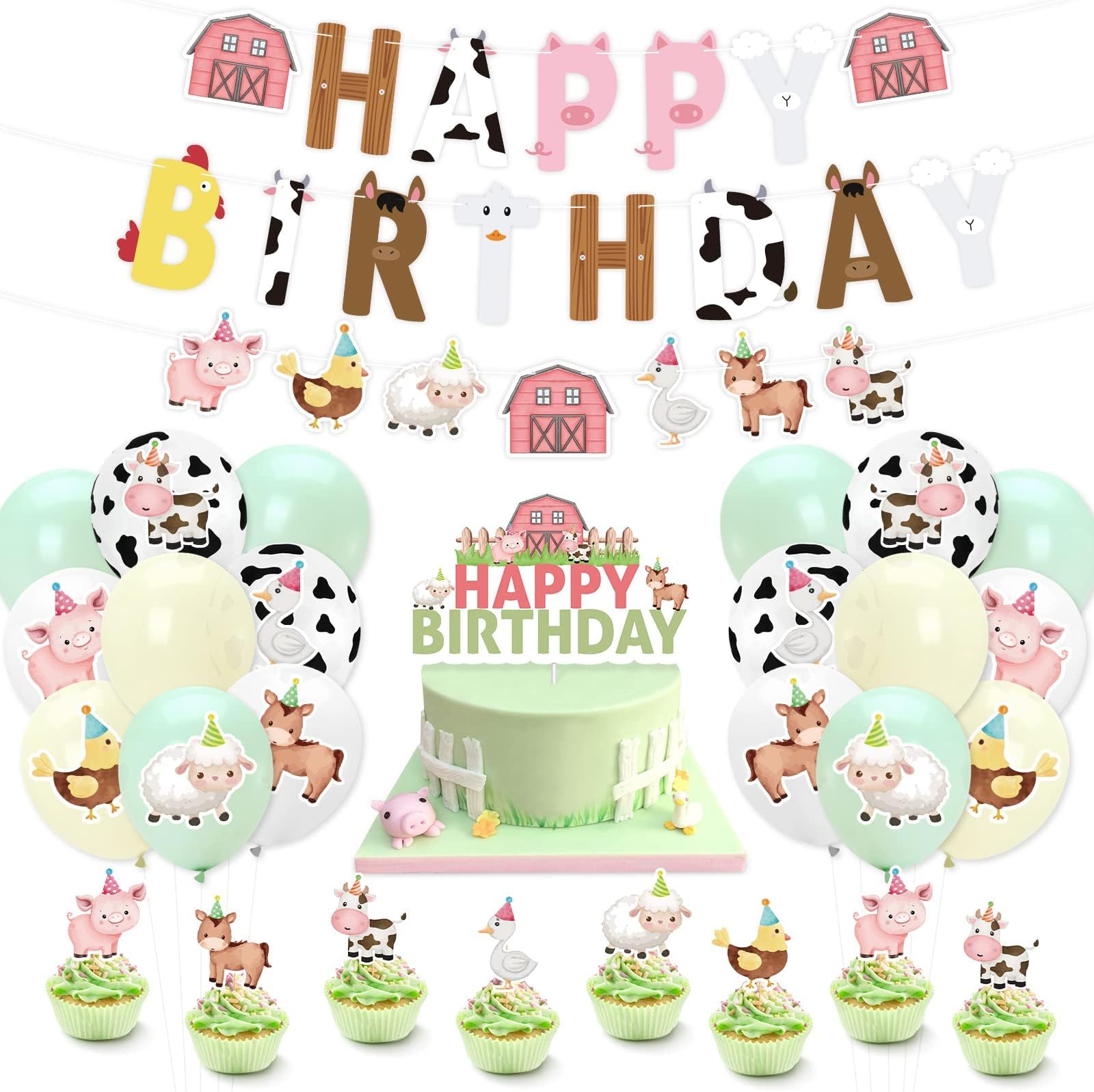 SinasasspelFarm Animals Birthday Party Supplies Party Hat Barnyard Animals Party Decor Kit Funny Banner Cake Cupcake Topper Balloon Birthday Hat Animal Pastel Decoration