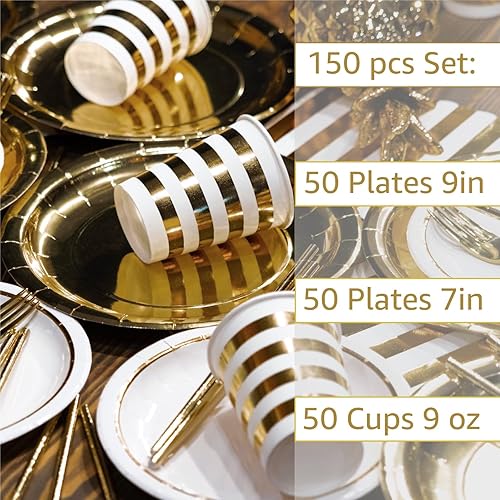 Miniatura 3 de DiggHous KSG Juego de platos y tazas de papel dorado para 50 invitados, platos de fiesta dorados de 9 pulgadas, platos de papel blanco de 7
