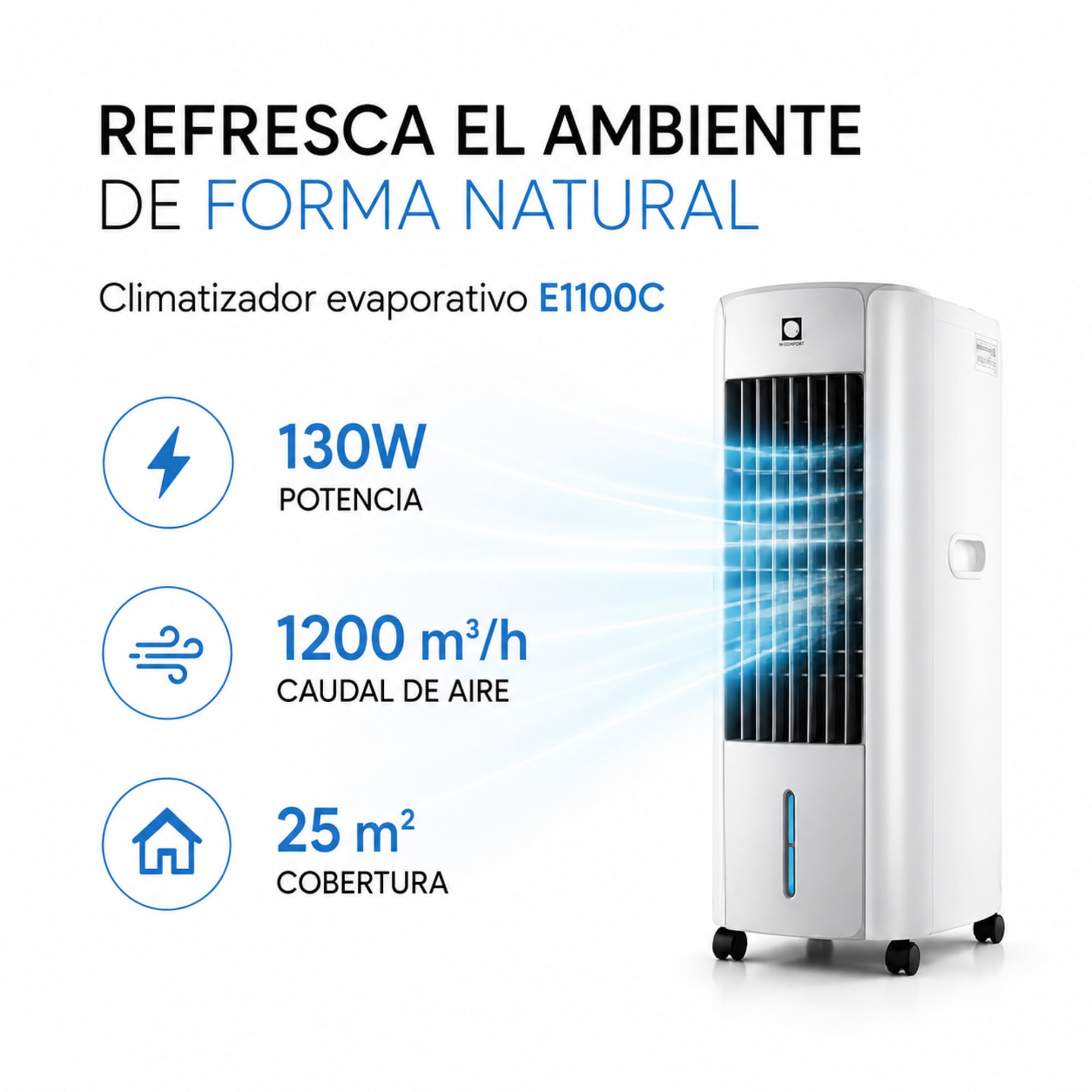 Vonala Climatizador Evaporativo con Calefacción E1100C – Enfriador de Aire Portátil 3 en 1, Depósito 10L, 6 Velocidades, Mando a Distancia, 130W, Cobertura 25m²