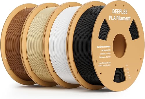 DEEPLEE Filamento PLA 1.75 mm, 4 colores, Pack 4 x 1 kg | Negro, Blanco, Beige y Marrón, Precisión ±0.02 mm, enrollado preciso, baja obstrucción, compatible con FDM