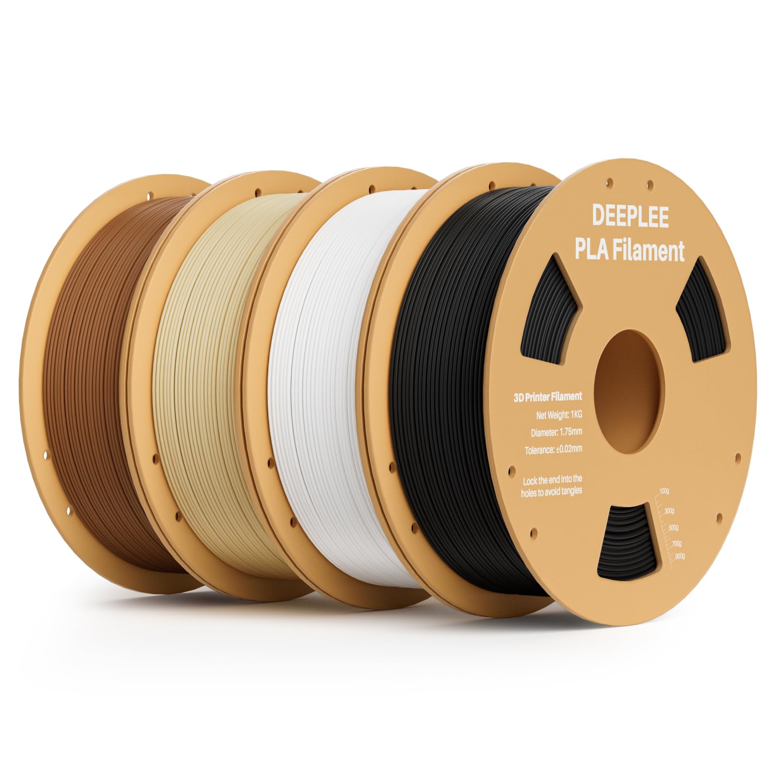 PLA 1.75mm 3D Printer Filament, 4 Pack Black/White/Beige/Brown | Dimensional Accuracy +/- 0.02mm, Neatly Wound, No Clogging, Vacuum Package, Fits for Most FDM 3D Printers, Cardboard Spool