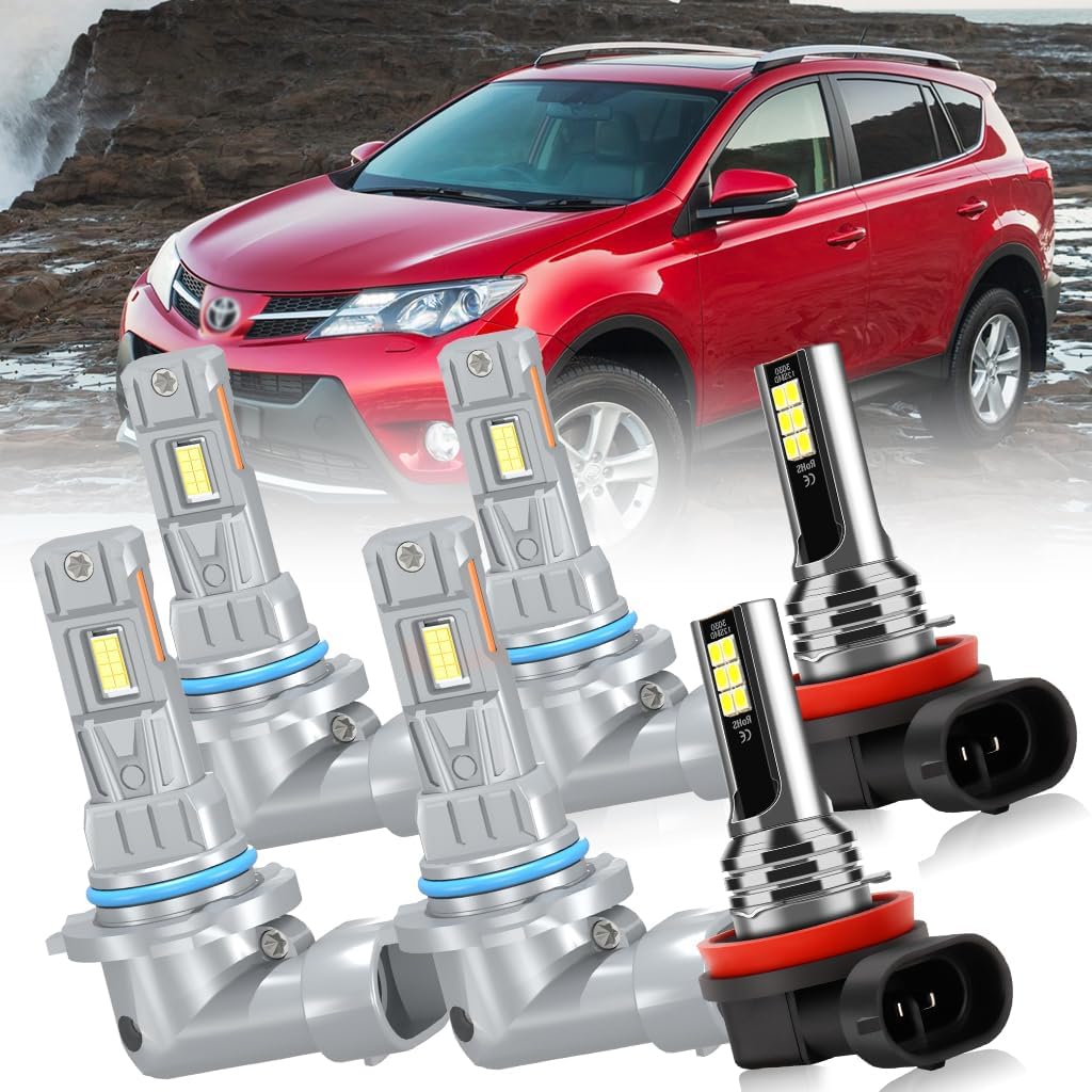 For Toyota RAV4 2013-2015, 9005 High beam 9005 Low Beam H11 Fog lights Bulbs Combo, 6500K White, 22000LM 600% Brightness, 1:1 Size Plug and Play, Pack of 6