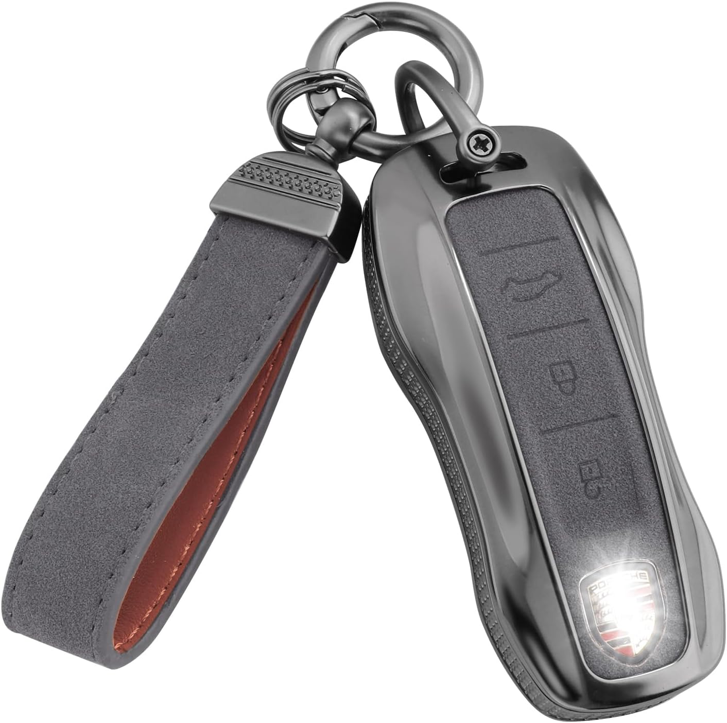 YO&YOYE Compatible with Porsche Key Fob Cover with Keychain Leather Key Case Protector Fit for Porsche Cayenne 911 Taycan Panamera, Grey
