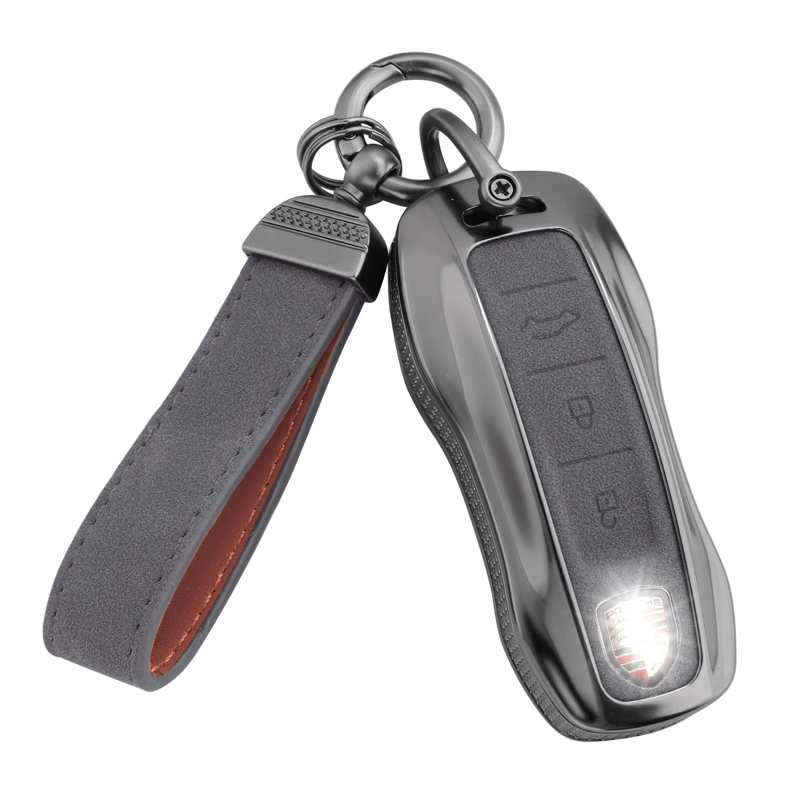 Compatible with Porsche Key Fob Cover with Keychain Leather Key Case Protector Fit for Porsche Cayenne 911 Taycan Panamera, Grey