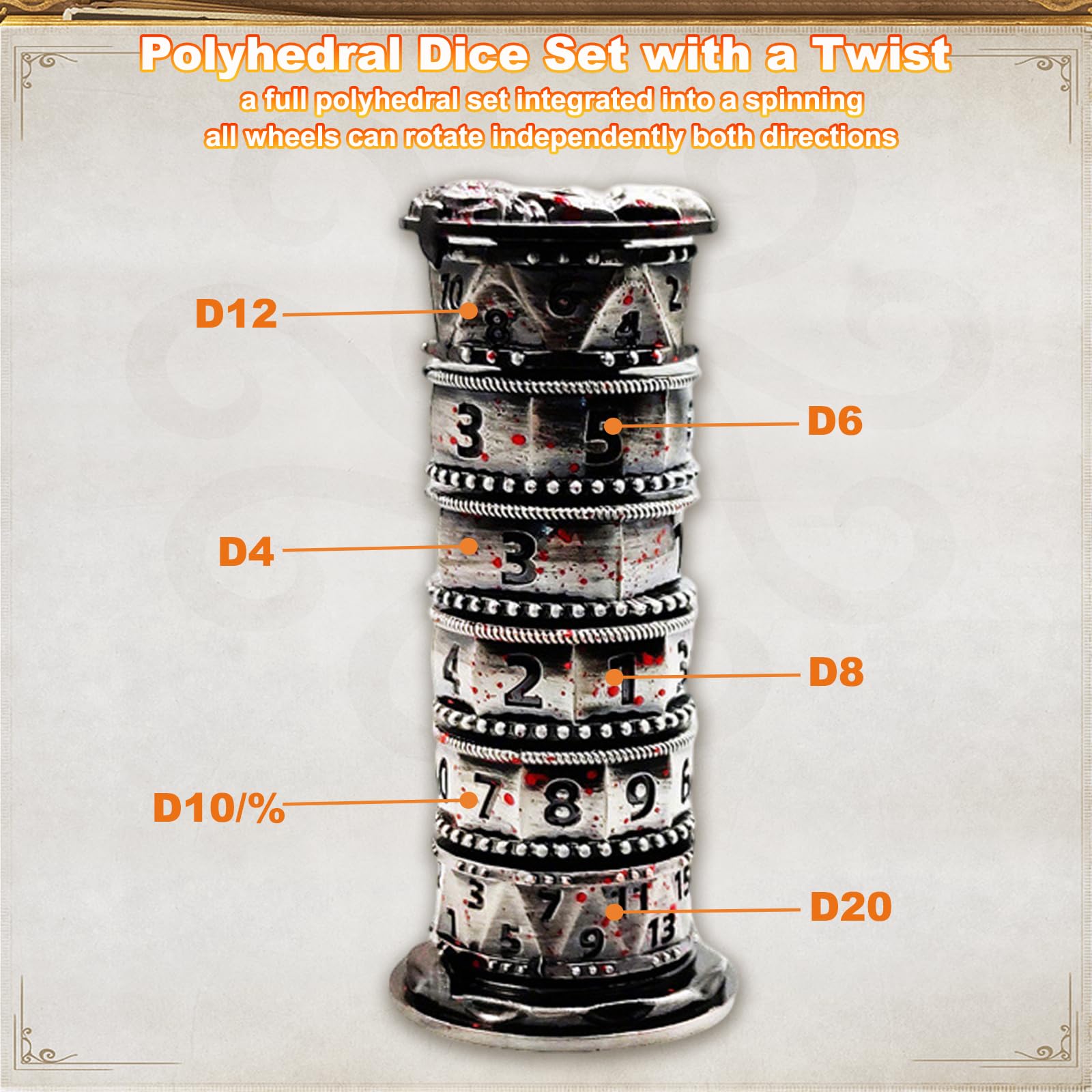 iFCOW Dice Spinner 7 en 1 de Metal Ruleta Dice Spinner D4 D6 D8 D10 D12 D20 D% para RPG Juegos de rol Dados Juegos de Mesa TRPG