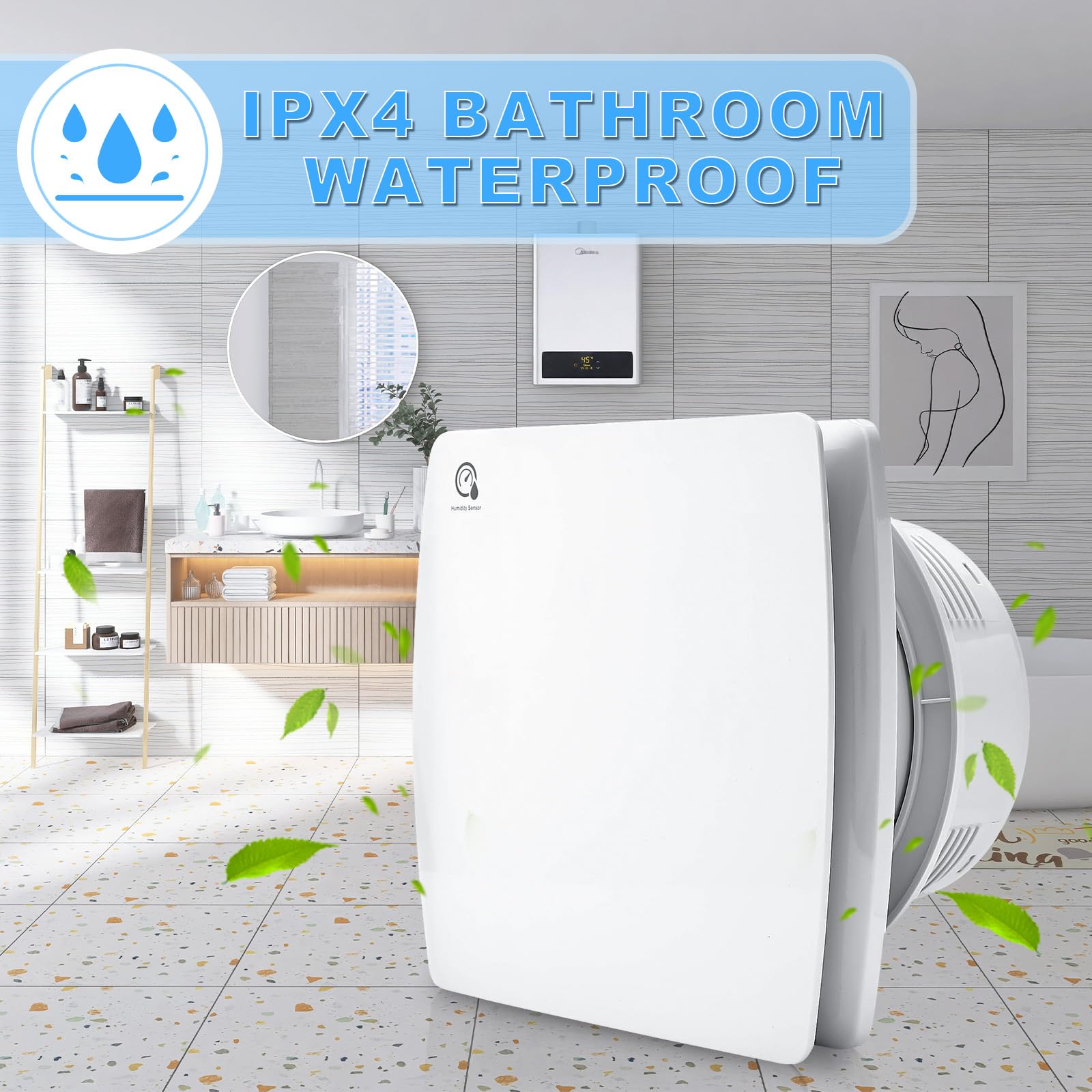 WingFly Ventilatore da Bagno 100 mm con Sensore di Umidità e Timer Antiriflusso, Aspiratore Assiale per l'estrazione dell'aria, 95m³/h, 12 W, per Bagno e Cucina, Spina Europea