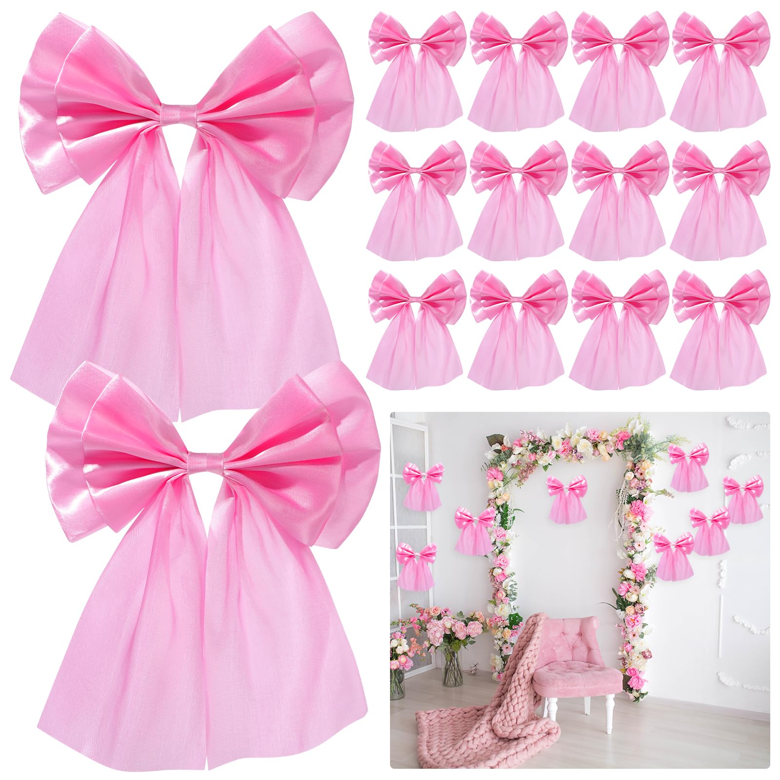 12 Pack Large Pink Bows Coquette Birthday Party Decorations 8.8 x 12 Inches Big Satin Ribbon Bow Party Wall Decor for Home Decor Backdrop Baby Shower Bridal Showers Engagement Wedding Bachelorette