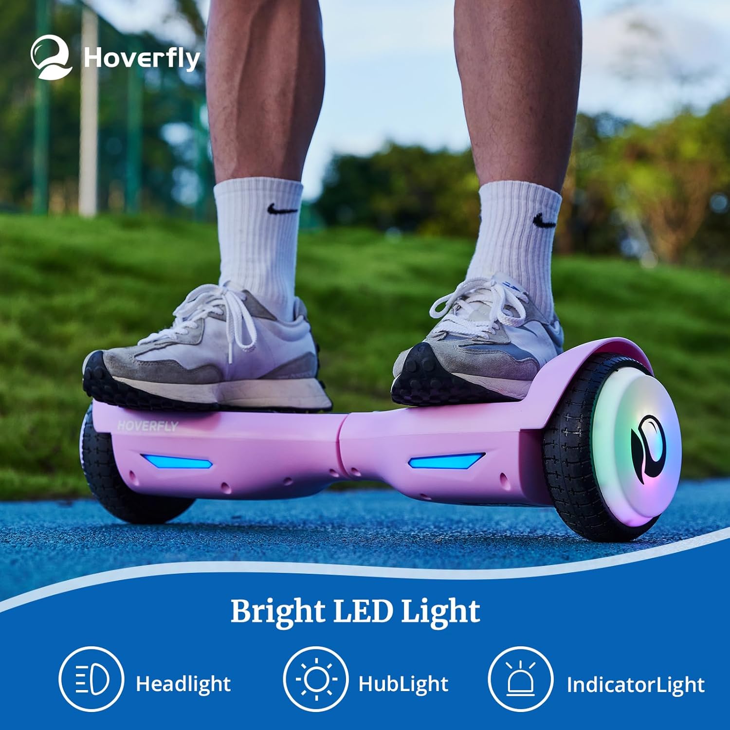 Close-up of feet on HOVERFLY Elf Hoverboard showing bright LED lights